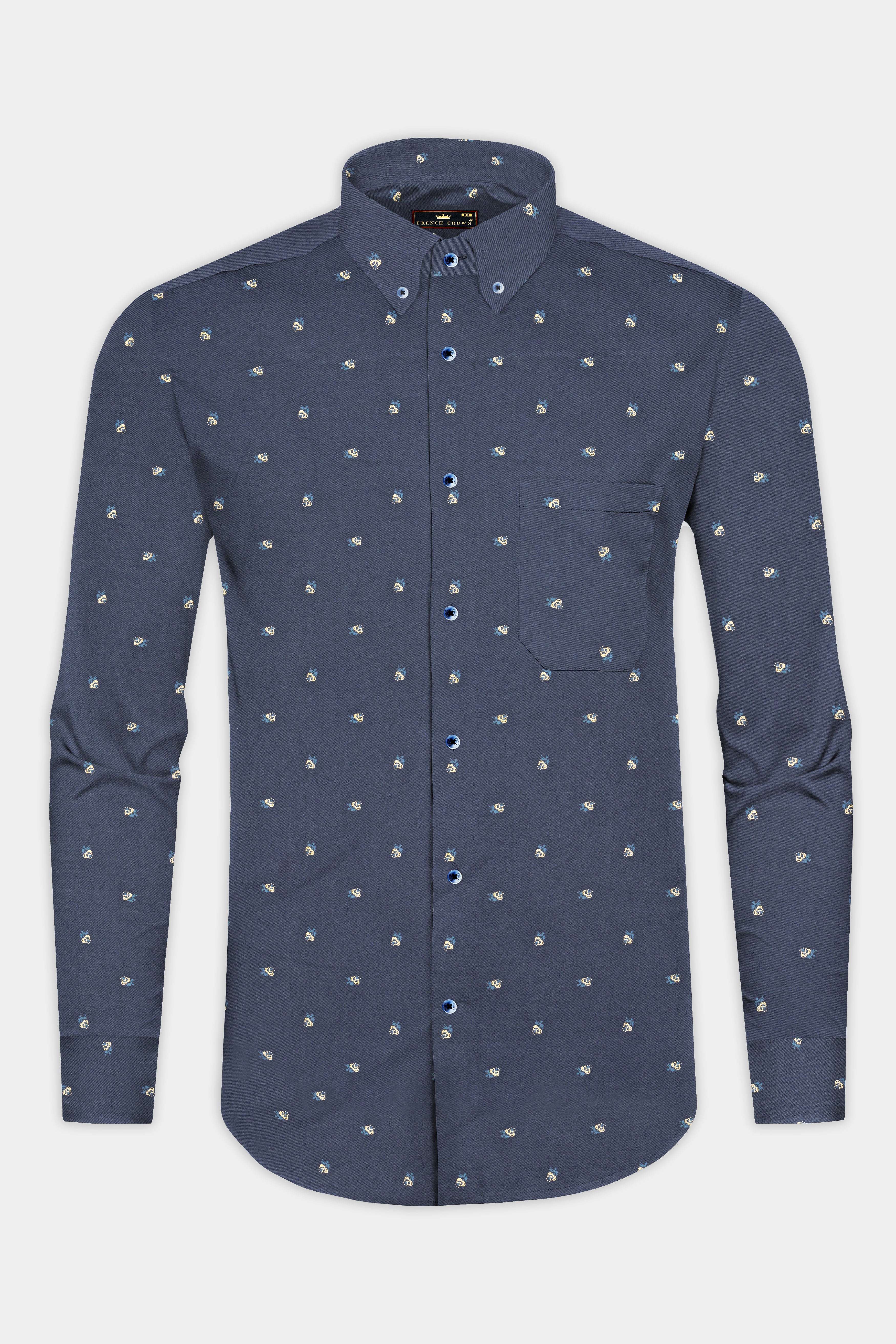 Fiord Blue Twill Printed Cotton Shirt