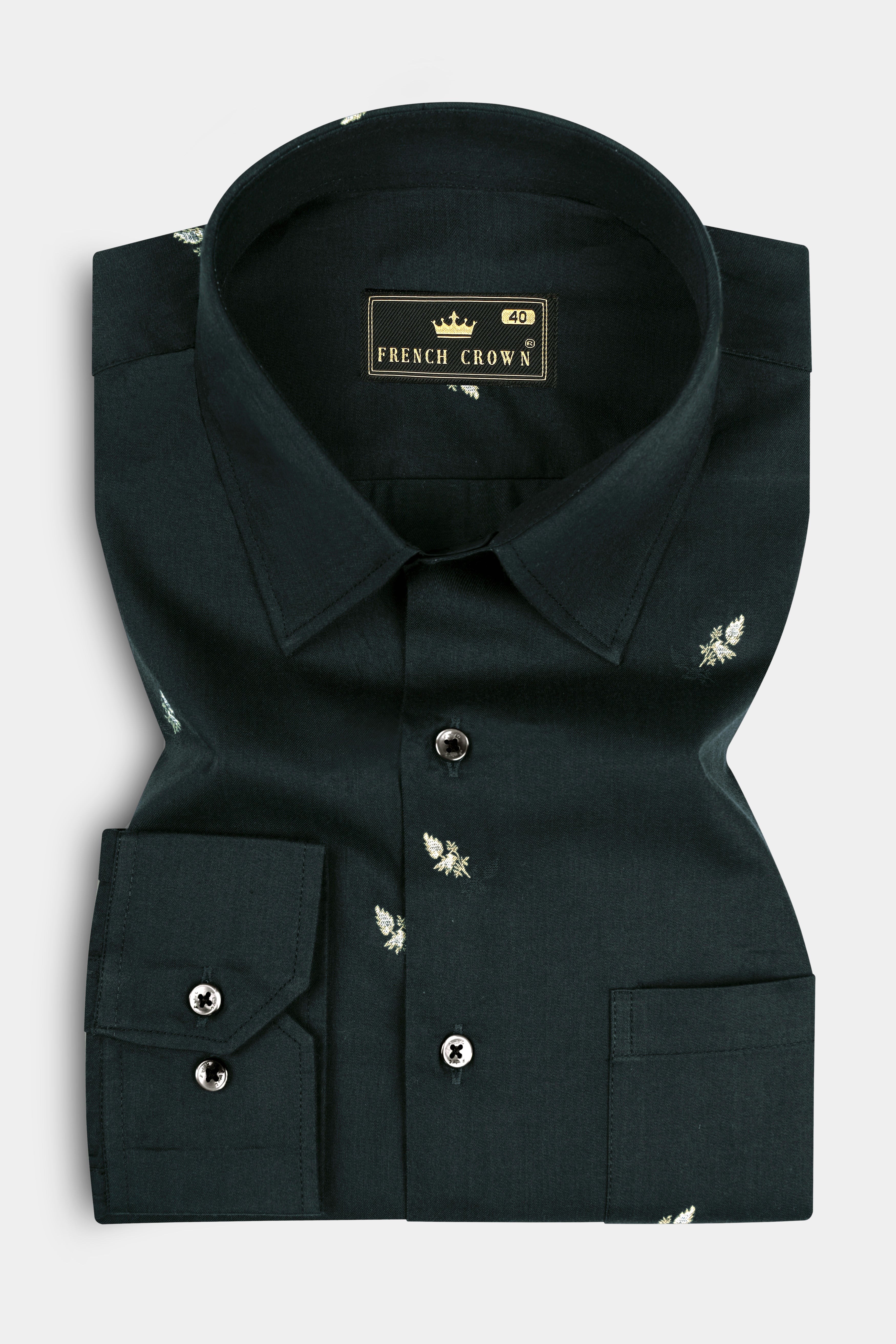 Charade Dark Green Jacquard Buta Textured Premium Cotton Shirt 12965-BLK-38, 12965-BLK-H-38, 12965-BLK-39, 12965-BLK-H-39, 12965-BLK-40, 12965-BLK-H-40, 12965-BLK-42, 12965-BLK-H-42, 12965-BLK-44, 12965-BLK-H-44, 12965-BLK-46, 12965-BLK-H-46, 12965-BLK-48, 12965-BLK-H-48, 12965-BLK-50, 12965-BLK-H-50, 12965-BLK-52, 12965-BLK-H-52