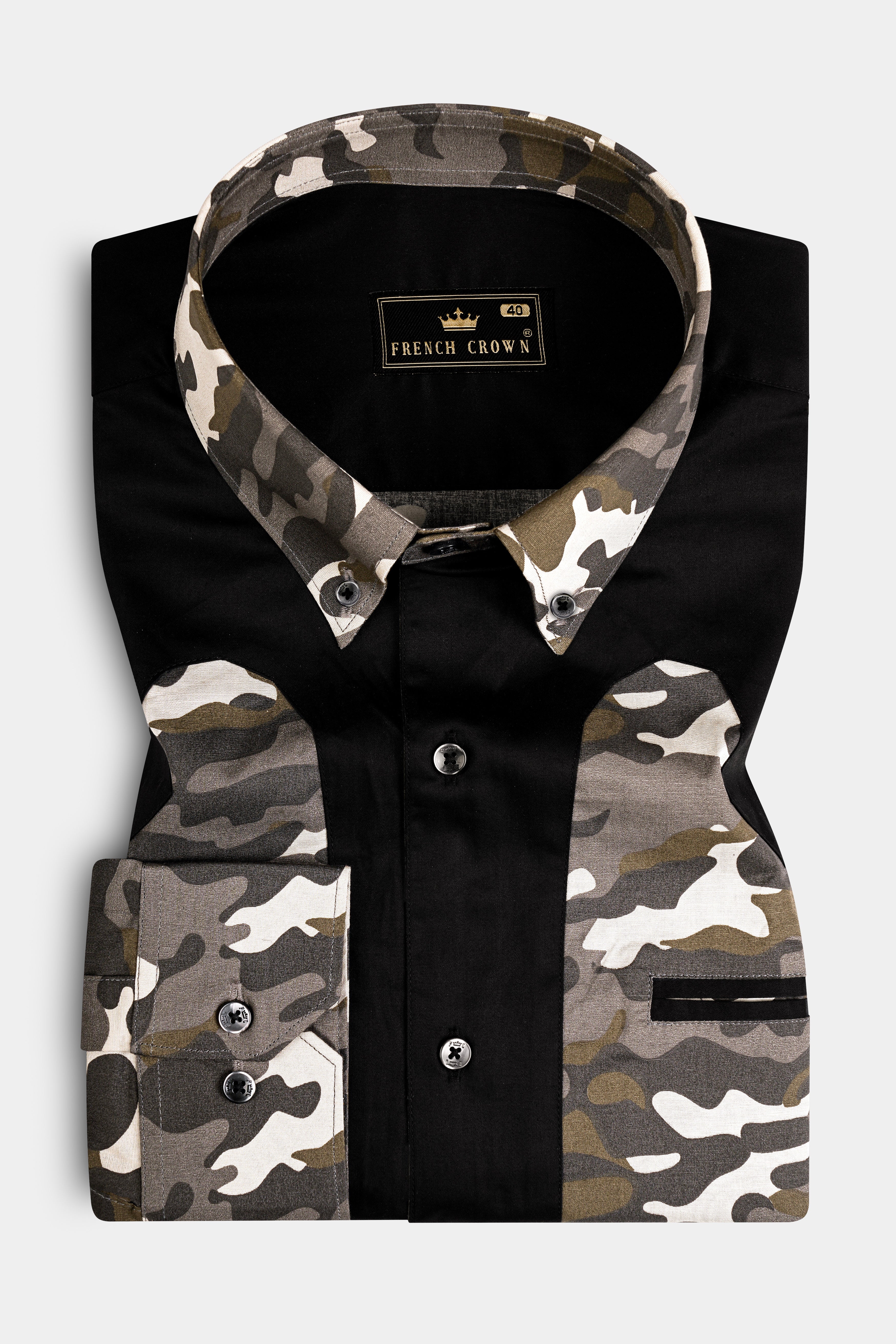 Wenge Brown And Jade Black Camouflage Printed Royal Oxford Designer Overshirt/Shacket