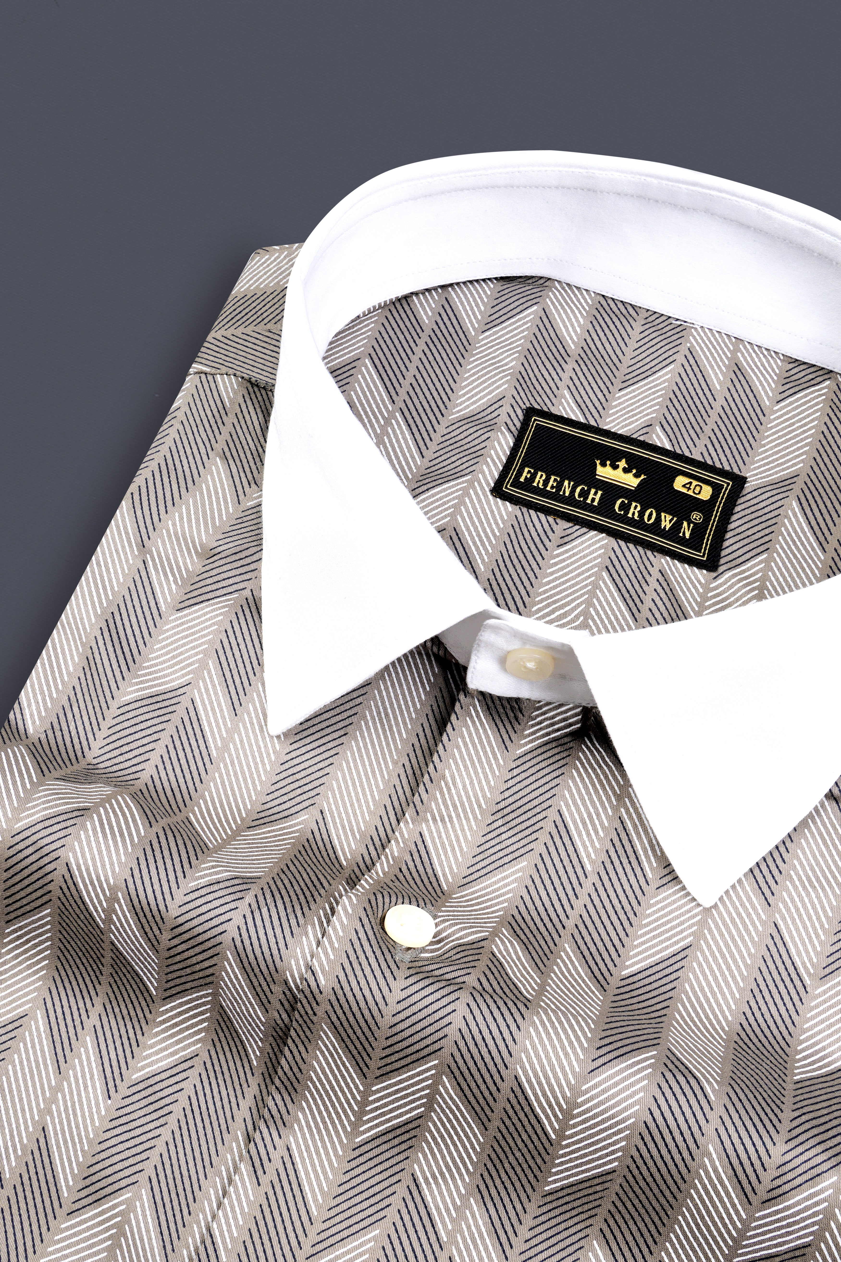 Oyster Gray And Bright White Printed Giza Cotton Shirt