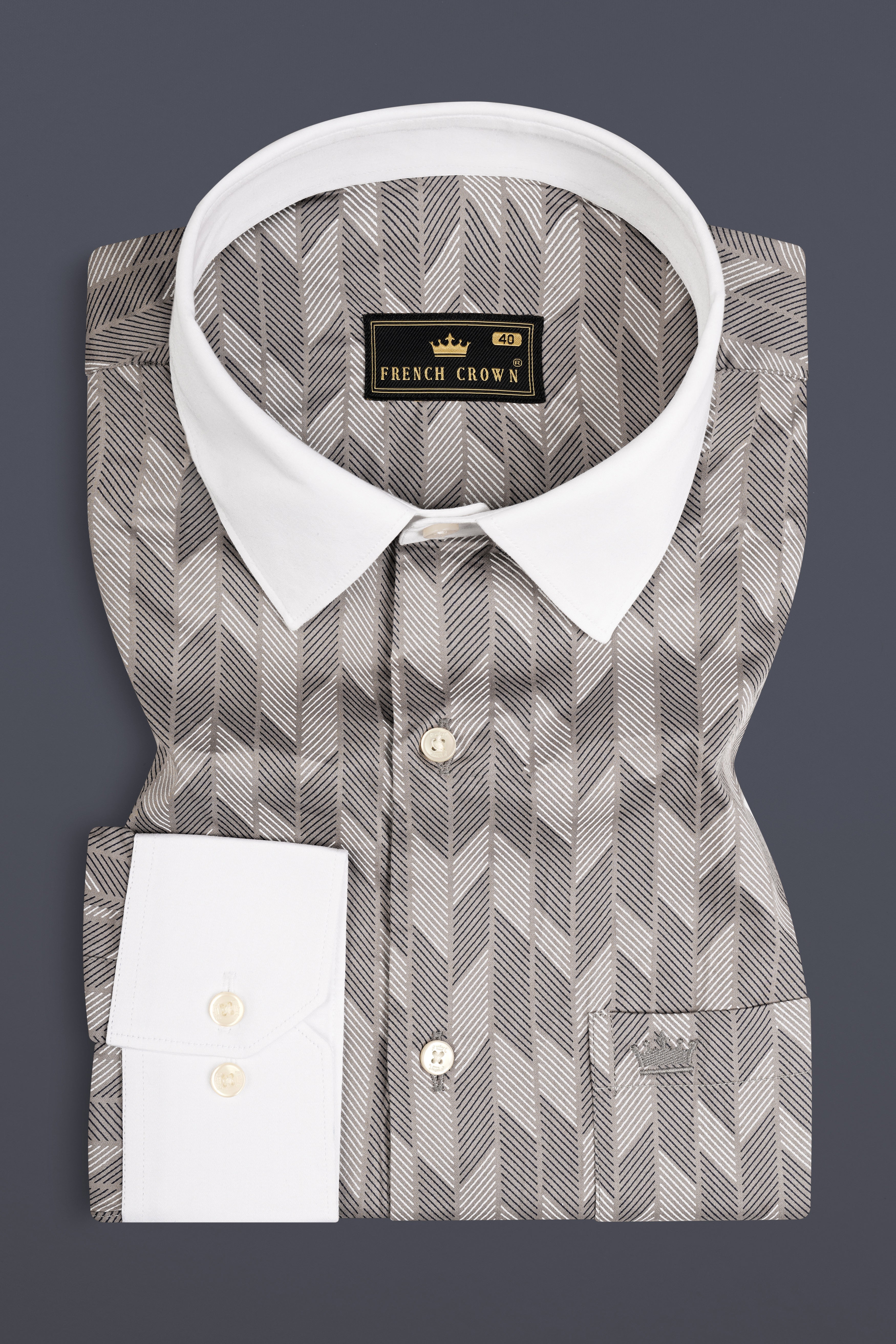 Oyster Gray And Bright White Printed Giza Cotton Shirt