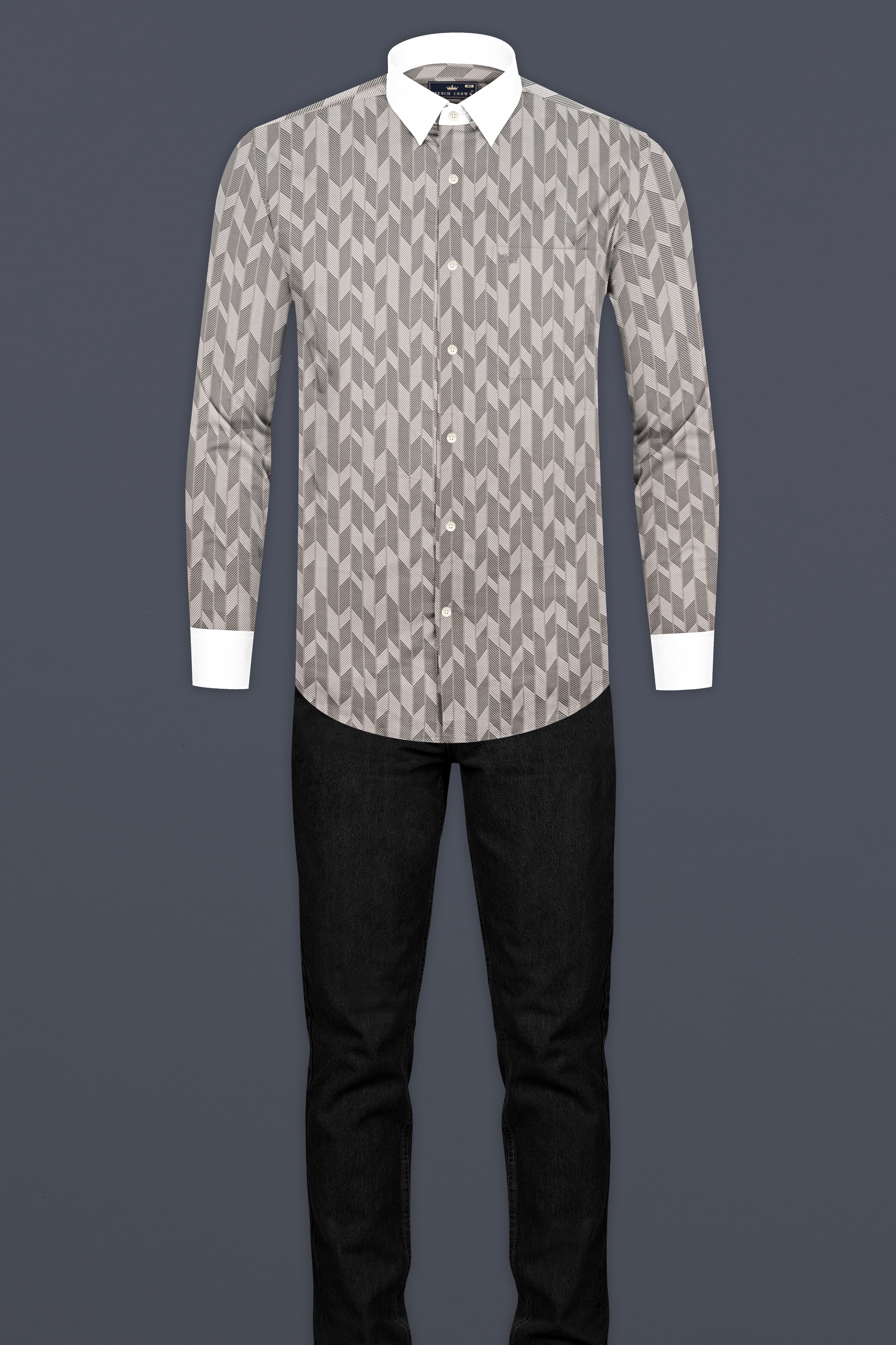 Oyster Gray And Bright White Printed Giza Cotton Shirt