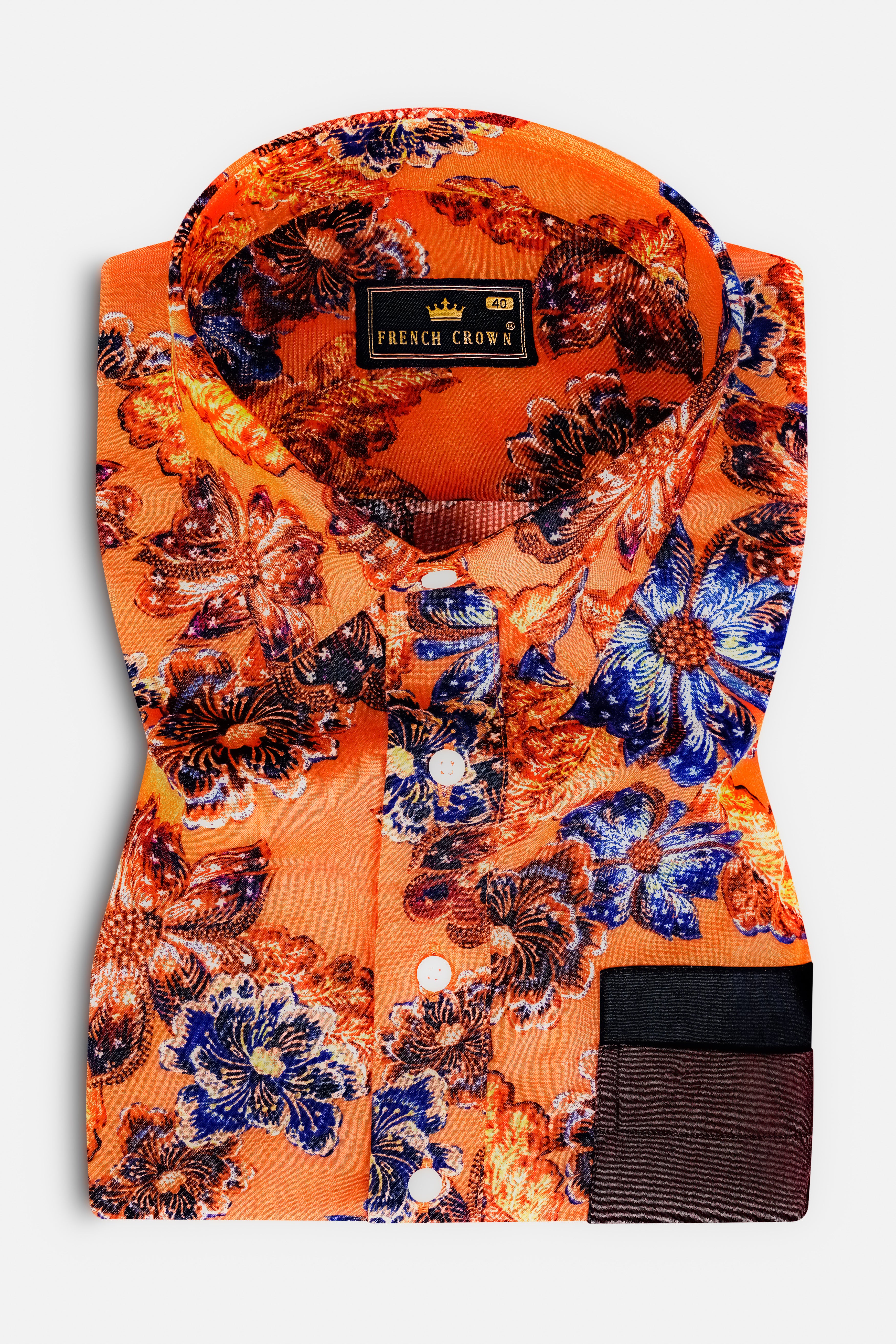 Tangerine Orange And Lapis Blue Floral Printed Super Soft Premium Cotton Designer Shirt