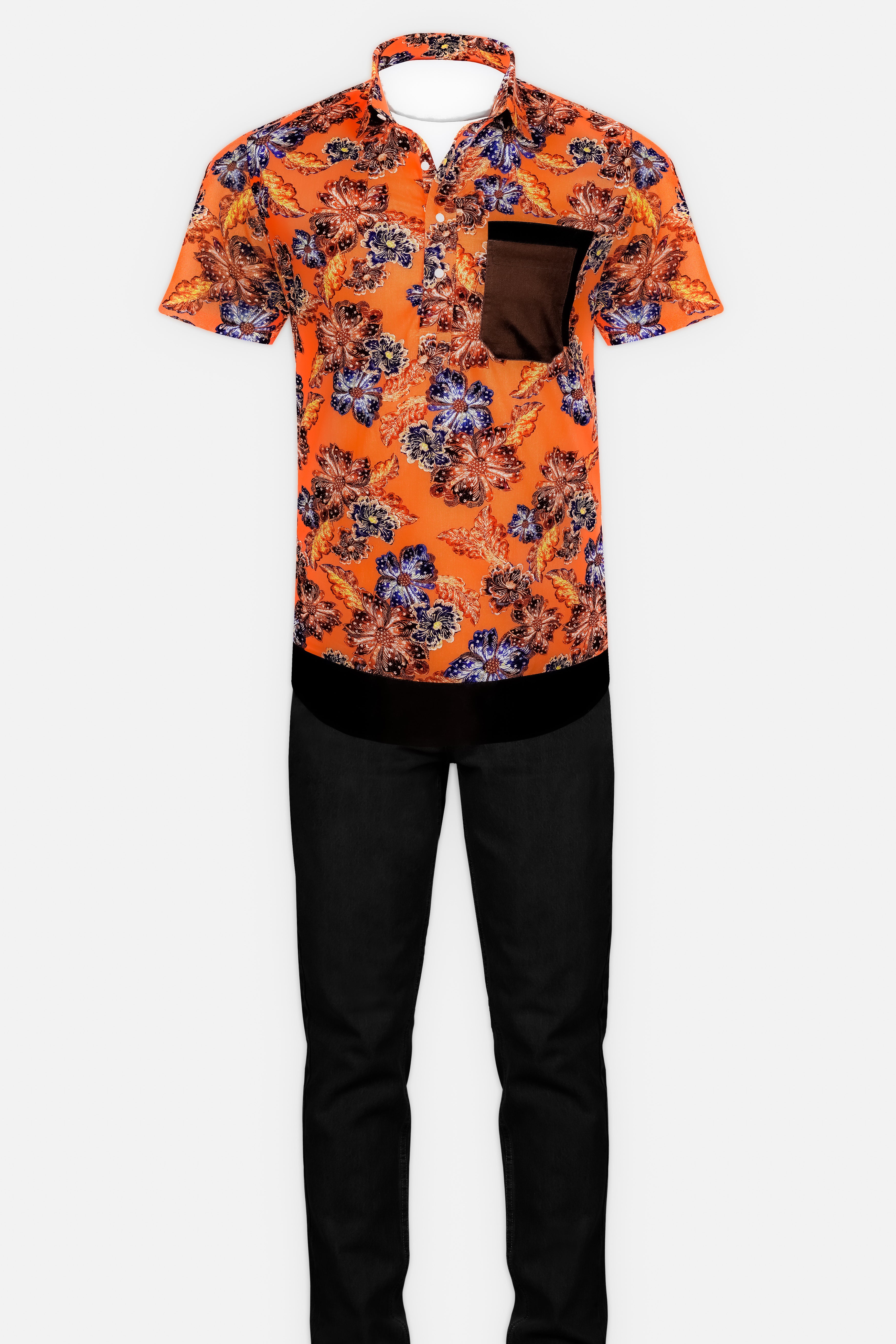 Tangerine Orange And Lapis Blue Floral Printed Super Soft Premium Cotton Designer Shirt