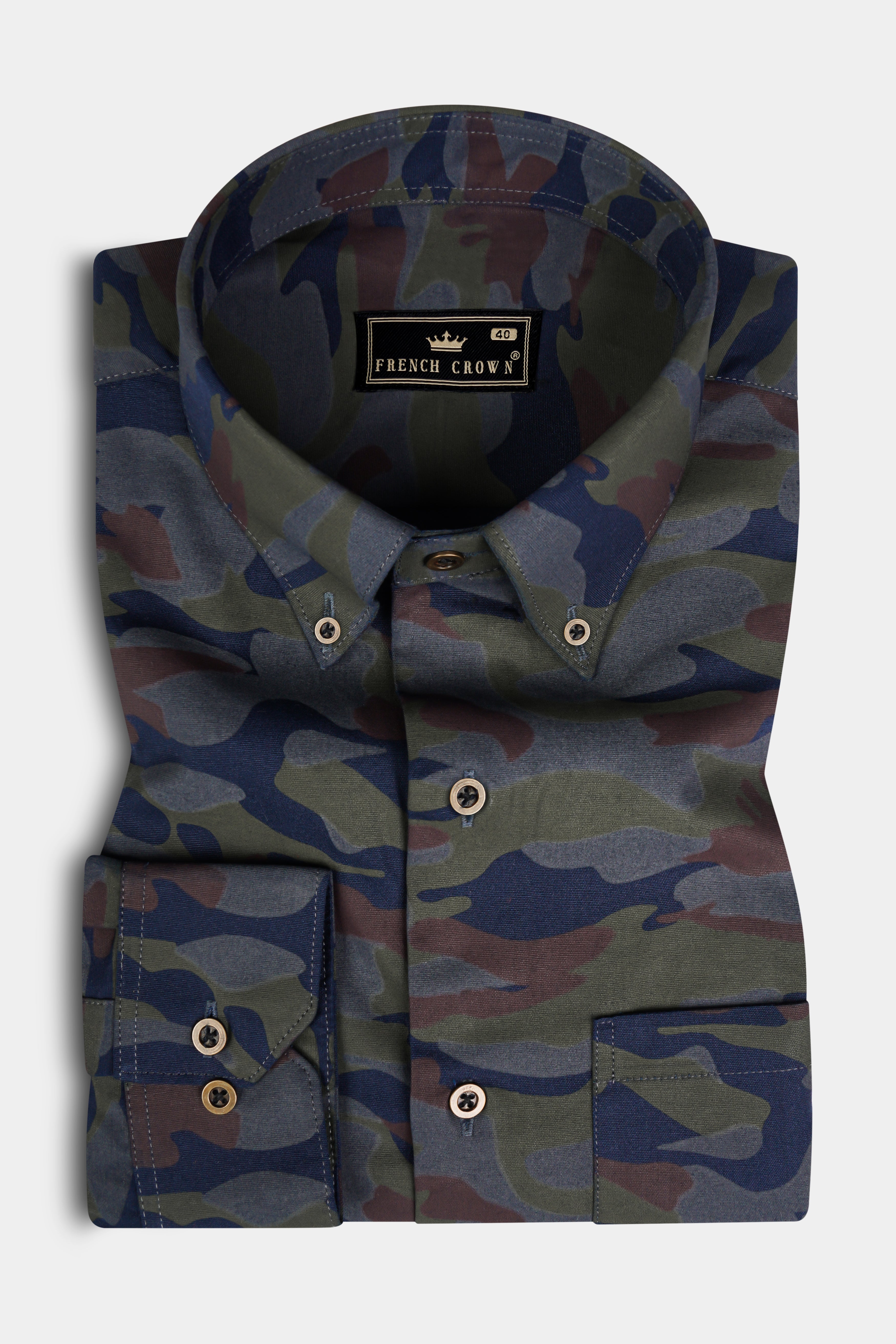 Ninja Gray And Rifle Green Camouflage Printed Royal Oxford Designer Overshirt/Shacket