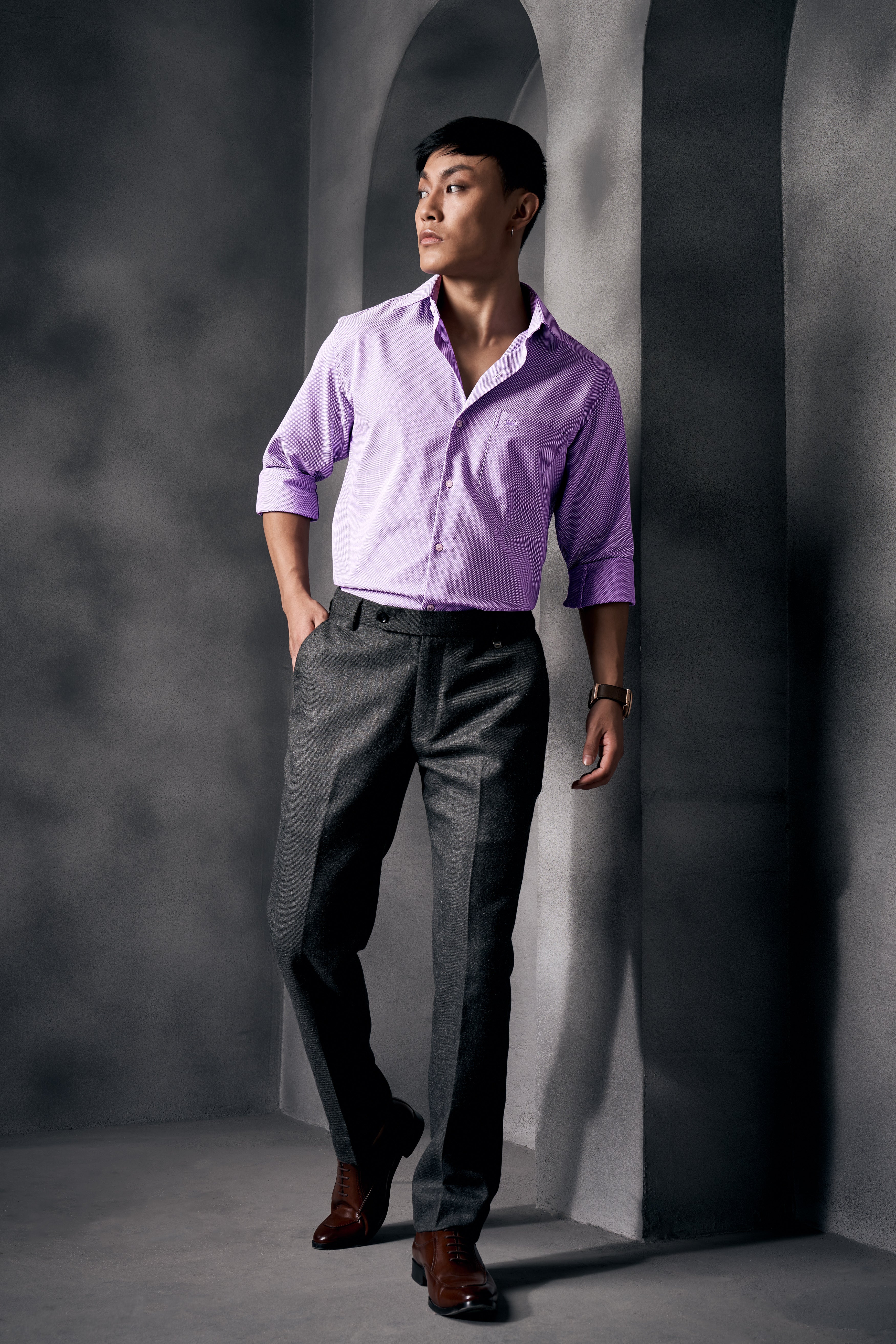 Orchid Purple Casual Textured Premium Linen Button Down Shirt For Men