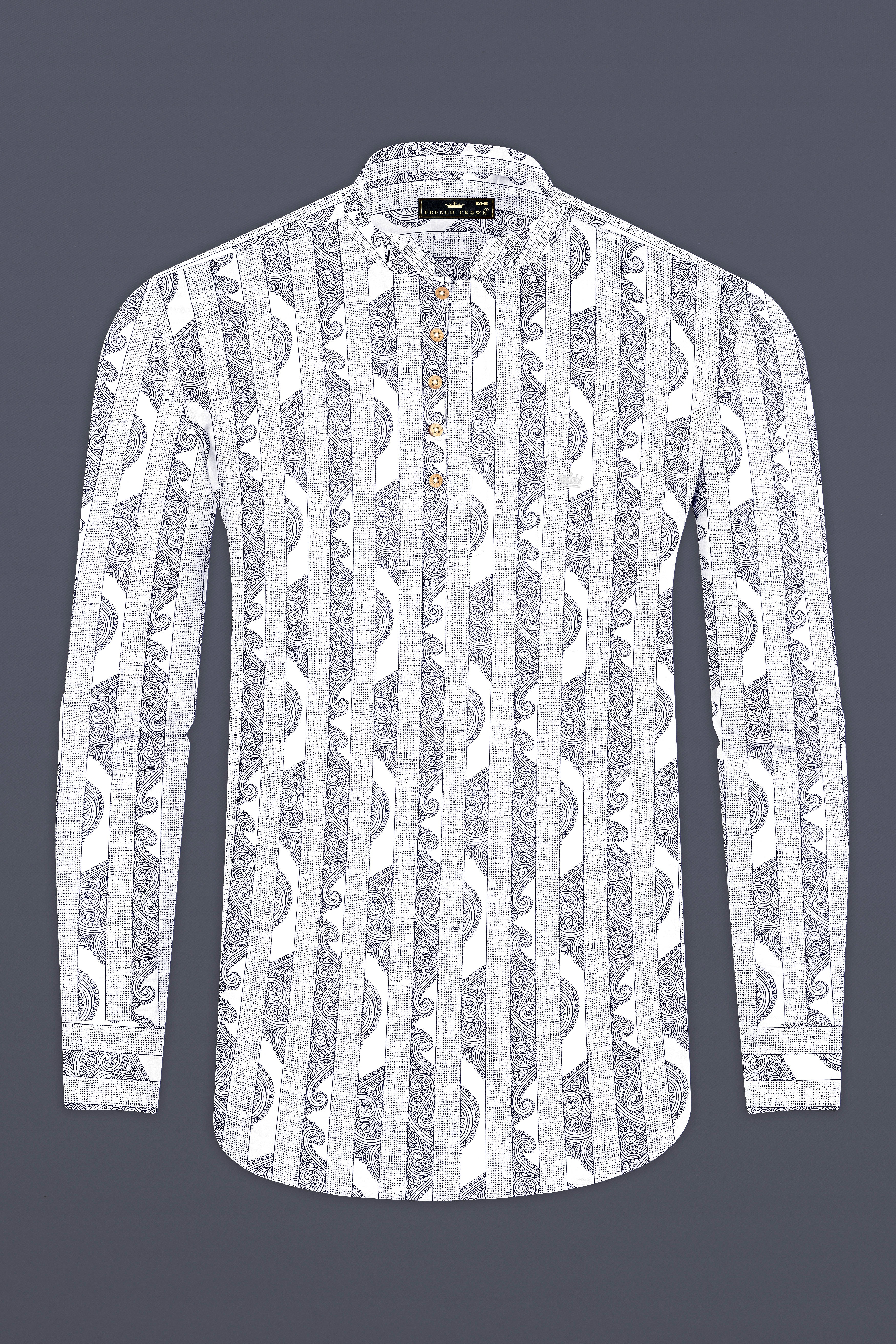 Bright White And Jade Black Stripes Printed Chambray Premium Giza Cotton Shirt