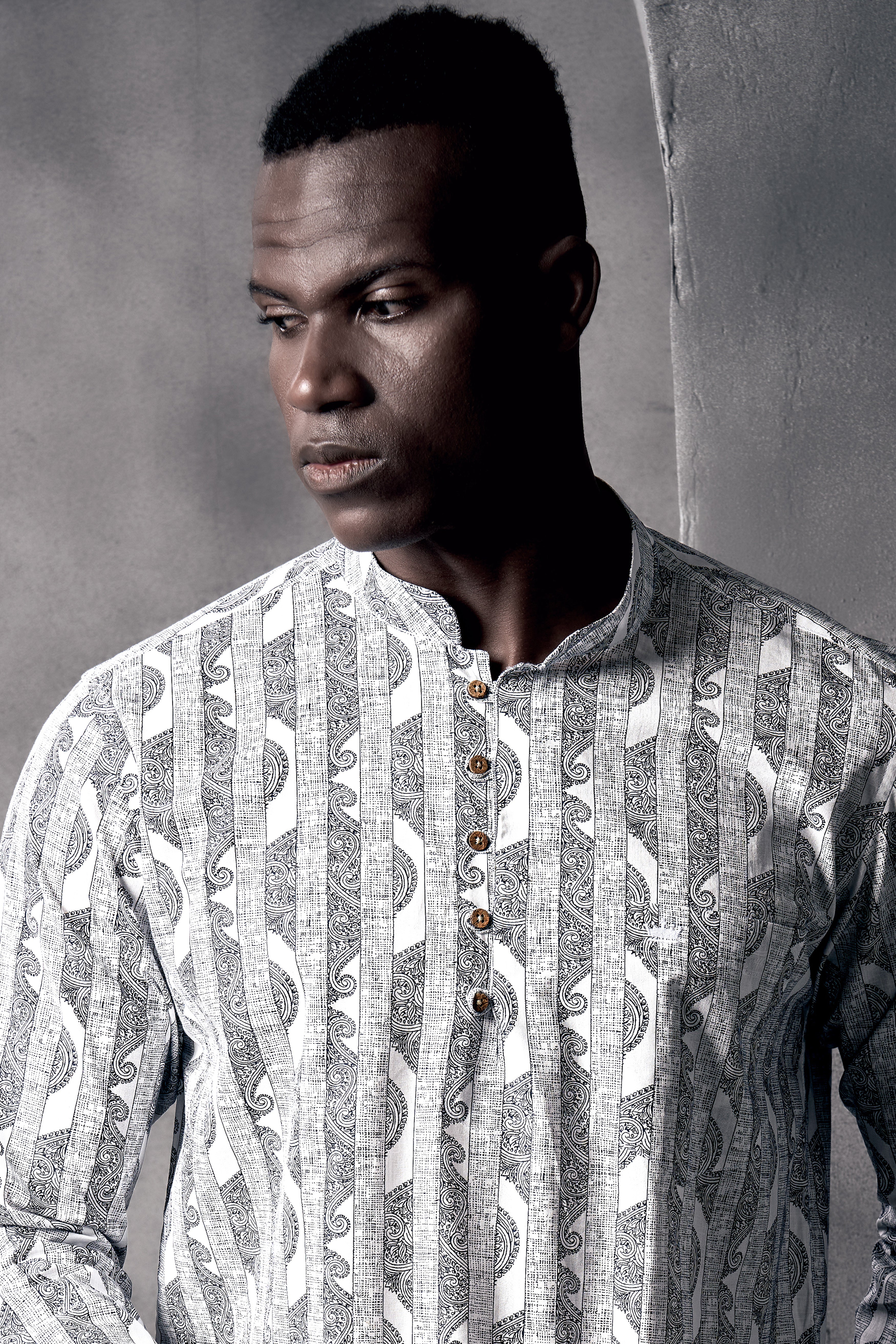 Bright White And Jade Black Stripes Printed Chambray Premium Giza Cotton Shirt