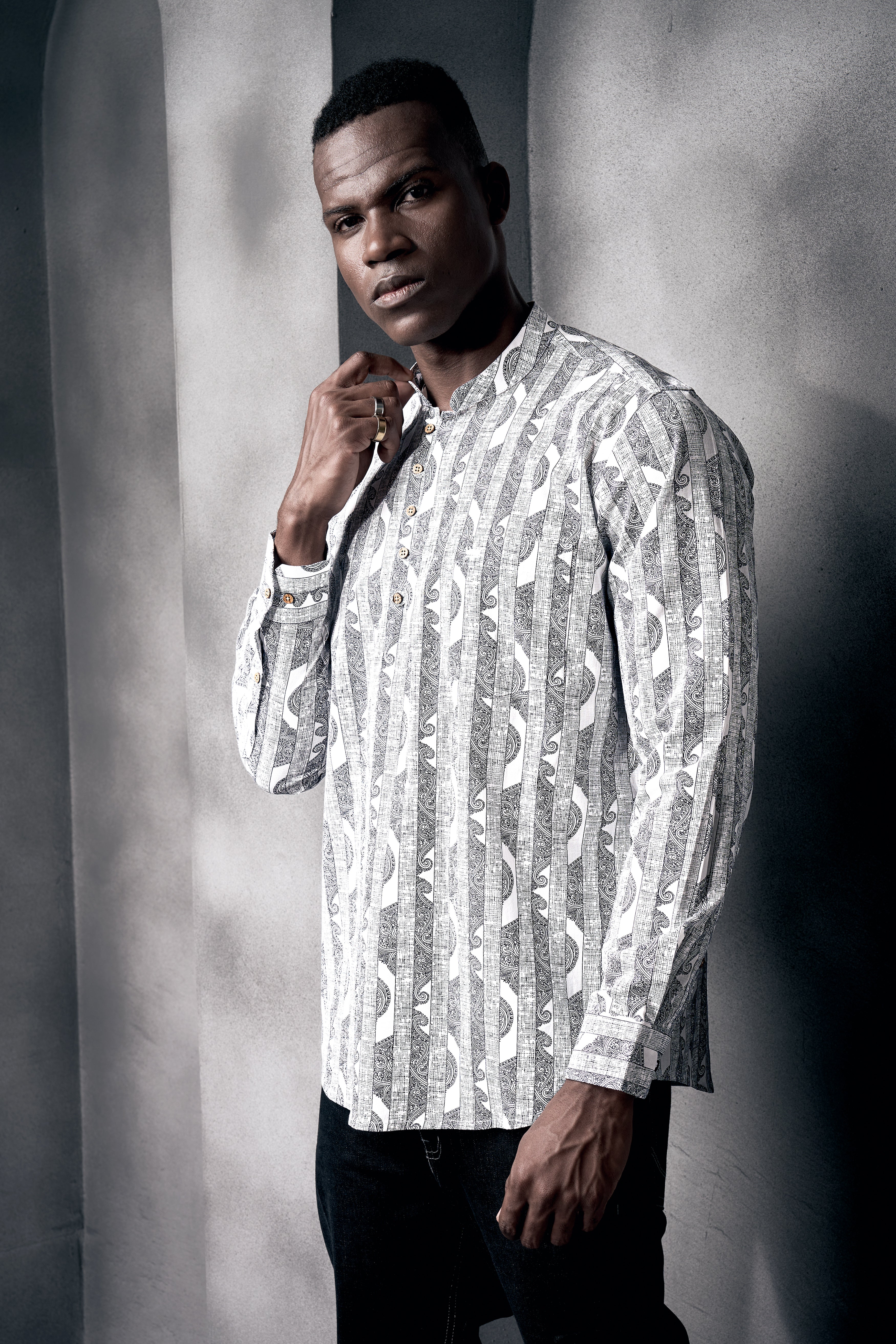 Bright White And Jade Black Stripes Printed Chambray Premium Giza Cotton Shirt