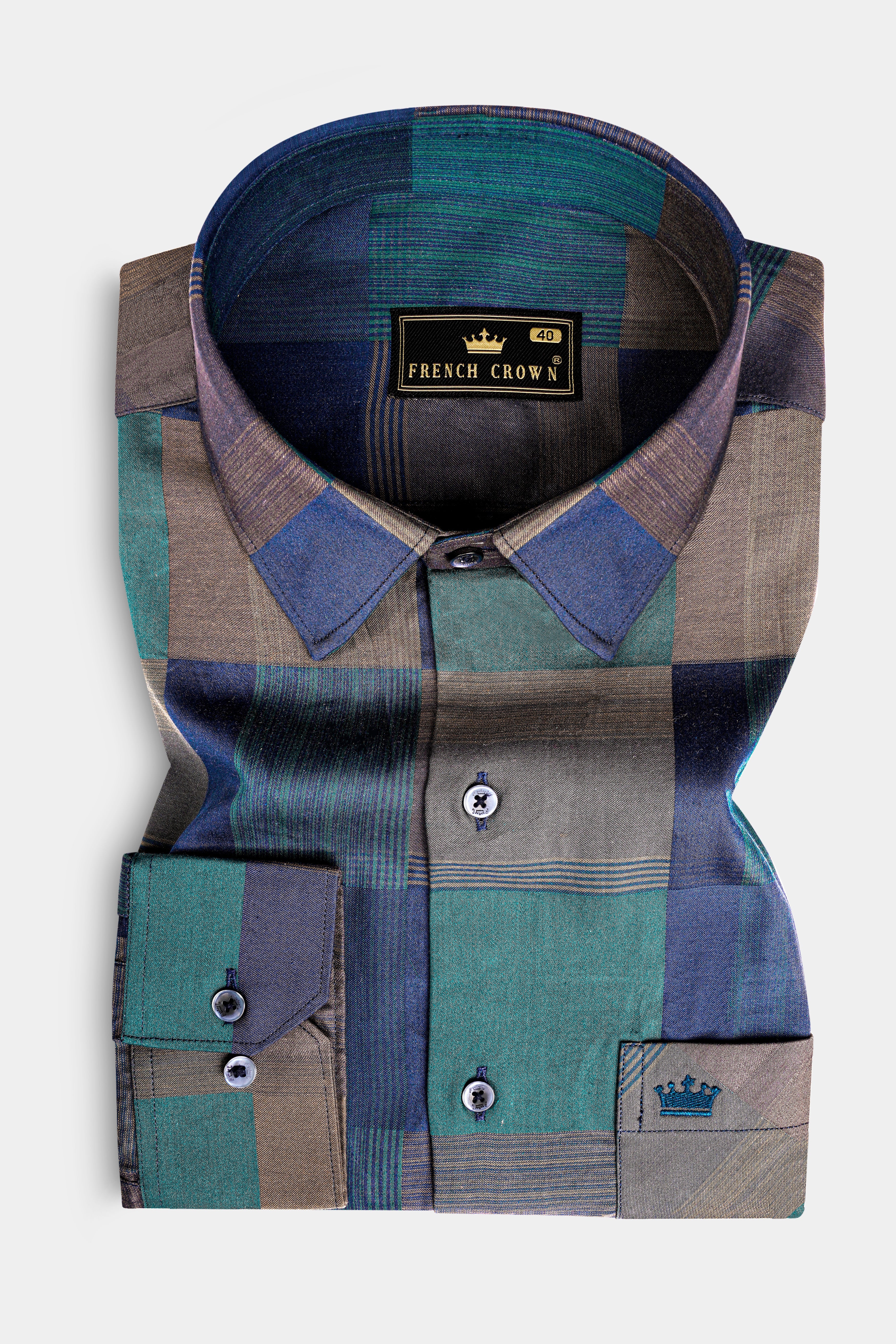 Martinique Blue And Viridian Green Printed Dobby Textured Premium Giza Cotton Shirt