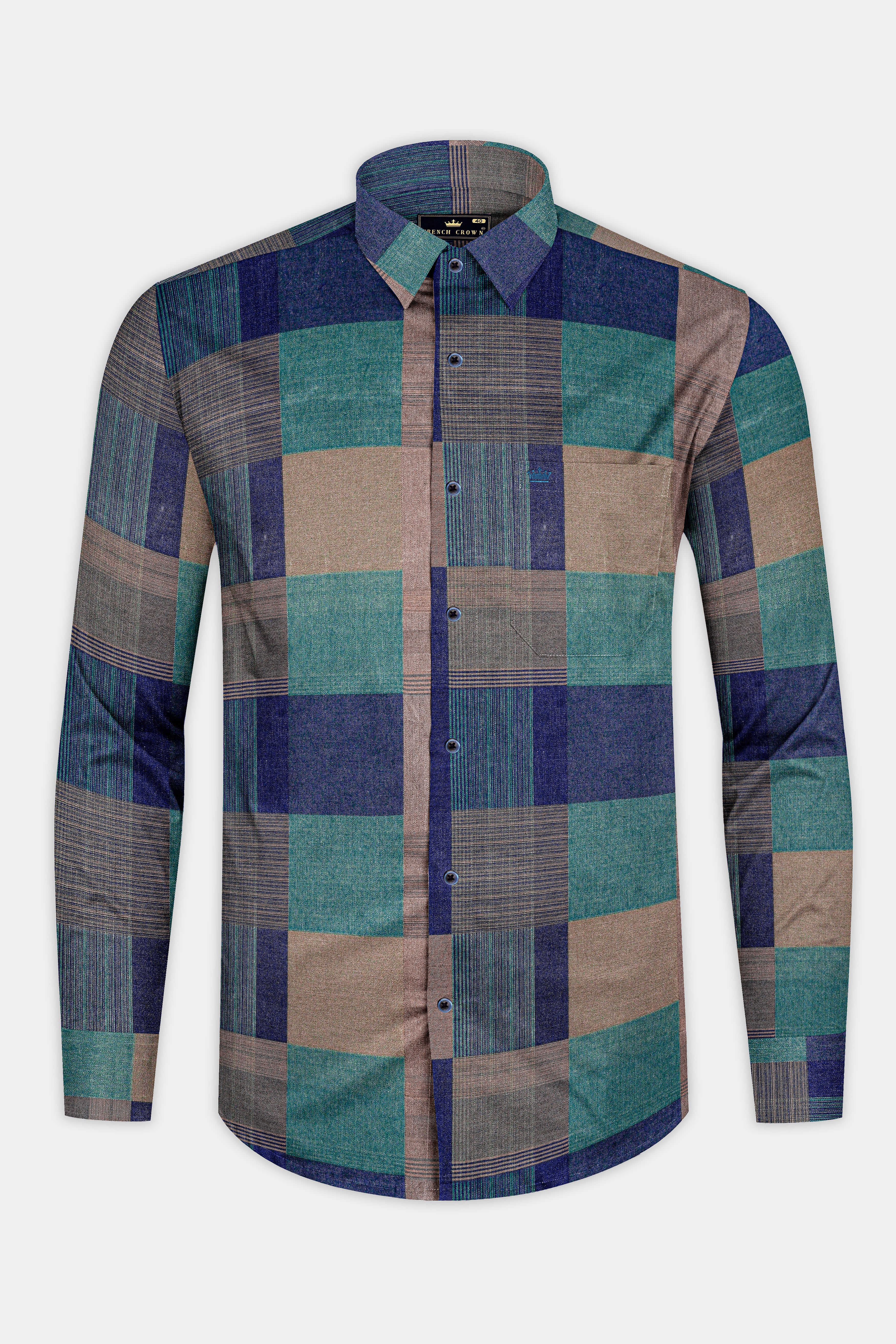 Martinique Blue And Viridian Green Printed Dobby Textured Premium Giza Cotton Shirt