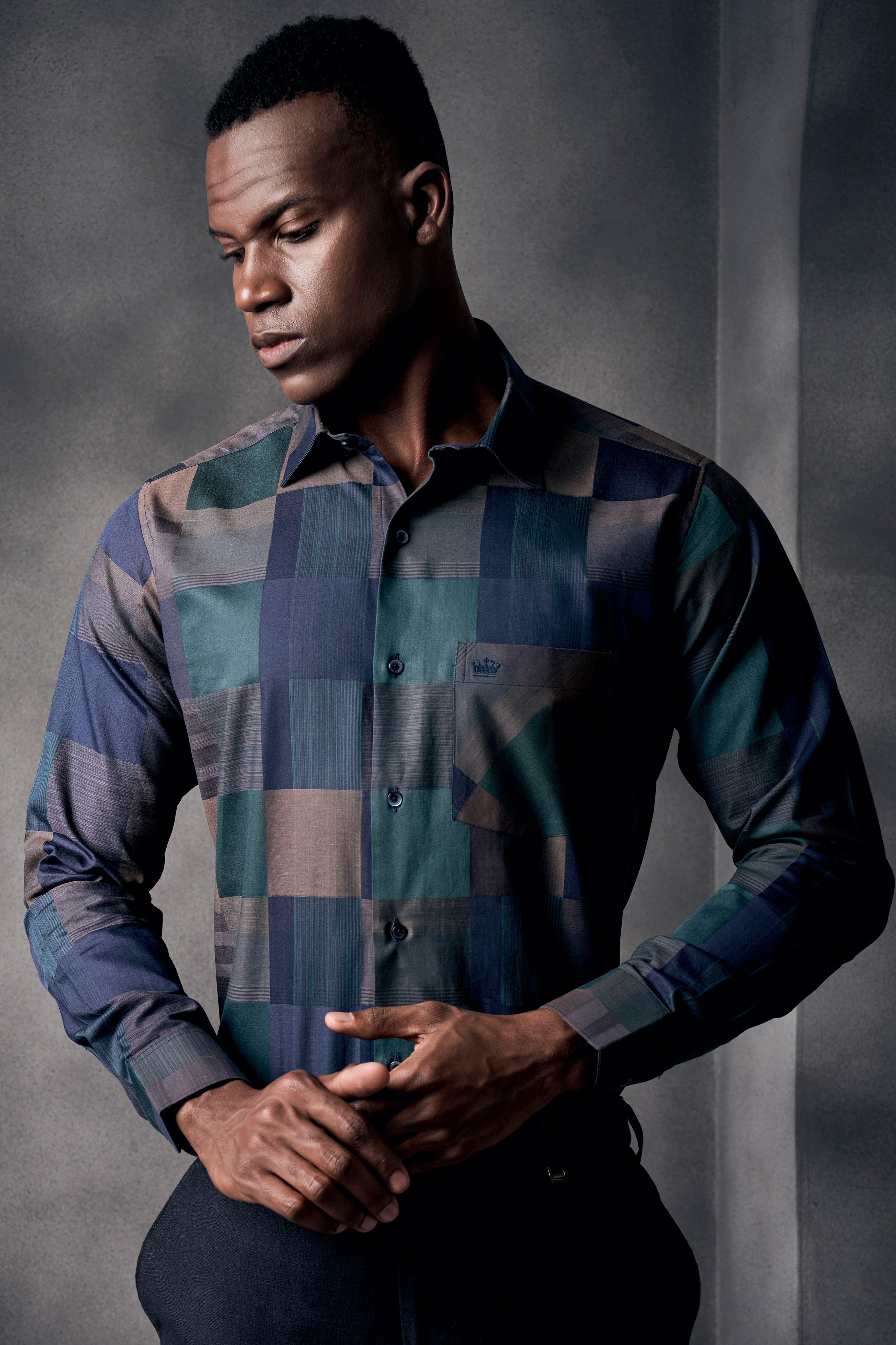 Martinique Blue And Viridian Green Printed Dobby Textured Premium Giza Cotton Shirt