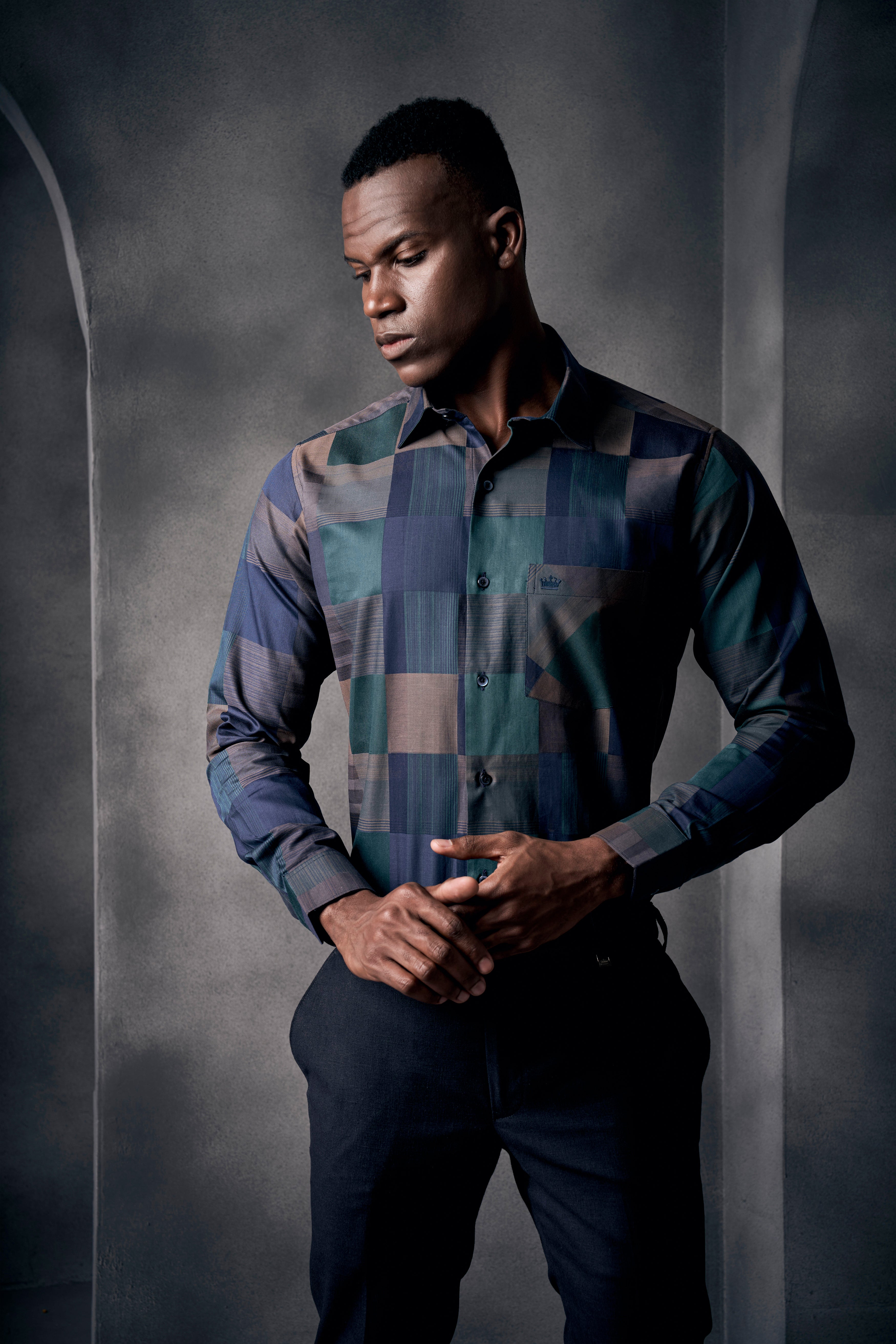 Martinique Blue And Viridian Green Printed Dobby Textured Premium Giza Cotton Shirt