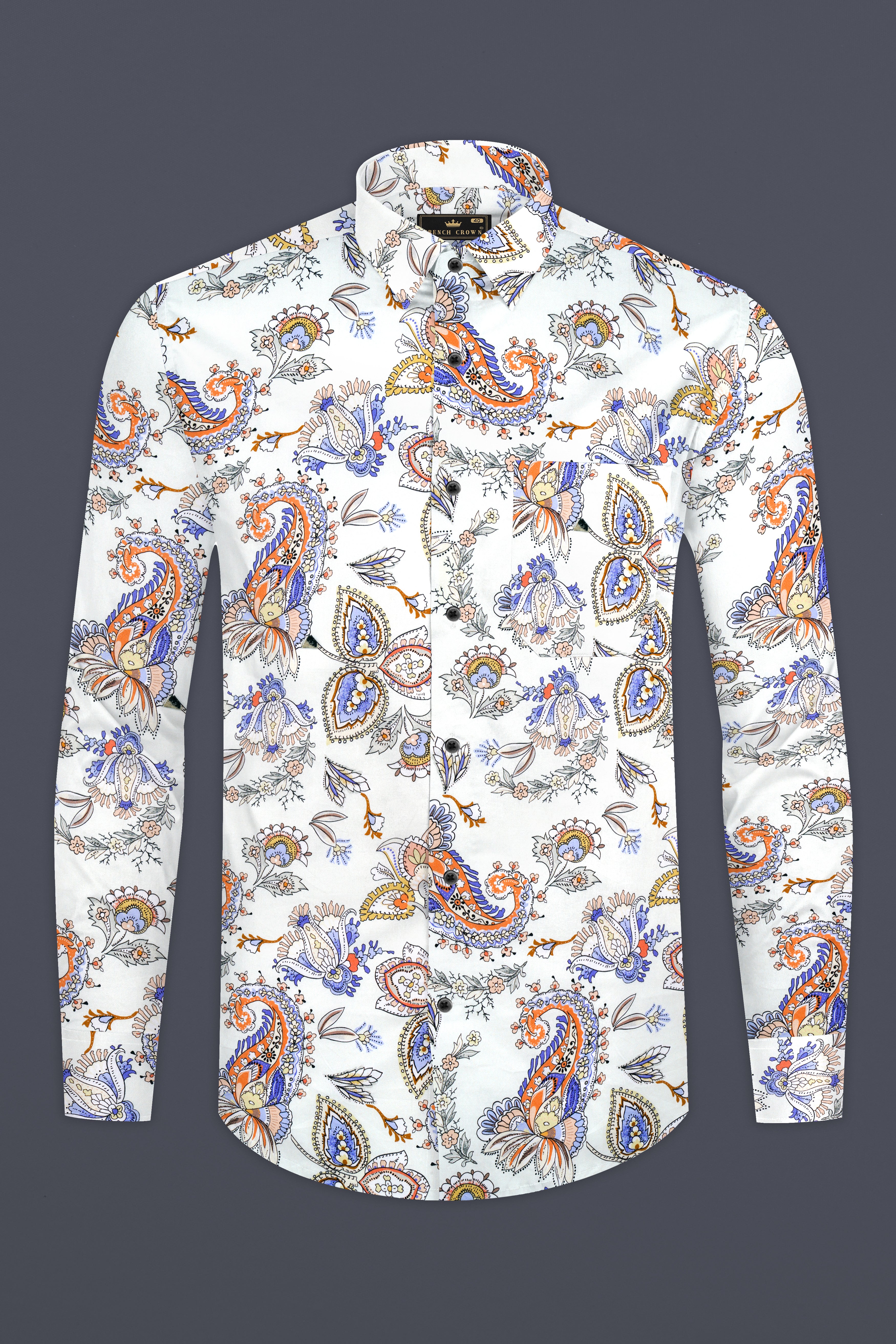 Ceramic White And Mimosa Blue Leaves Printed Subtle Sheen Super Soft Premium Cotton Shirt