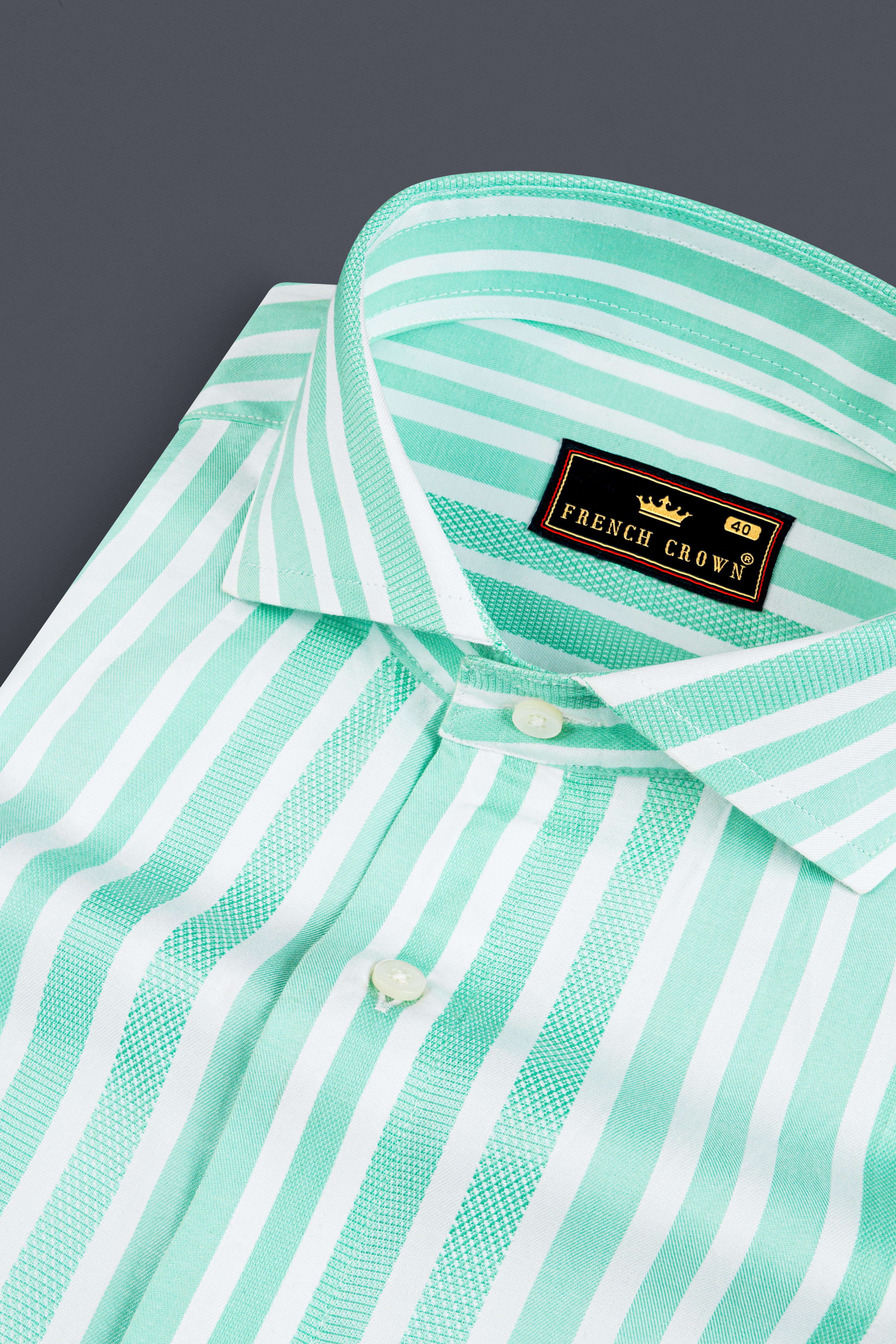 Fringy Green And Bright White Striped Dobby Textured Premium Giza Cotton Shirt