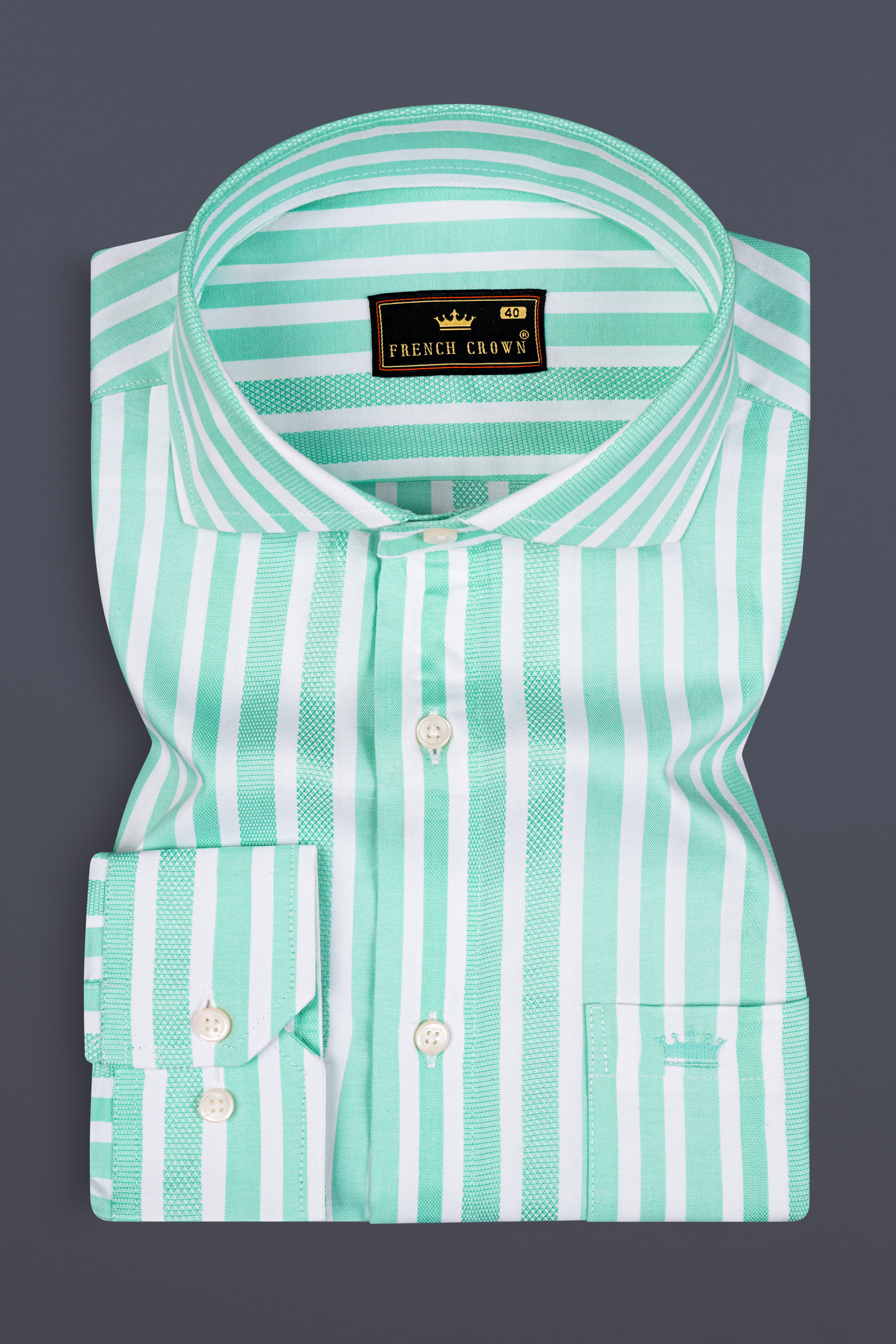 Fringy Green And Bright White Striped Dobby Textured Premium Giza Cotton Shirt