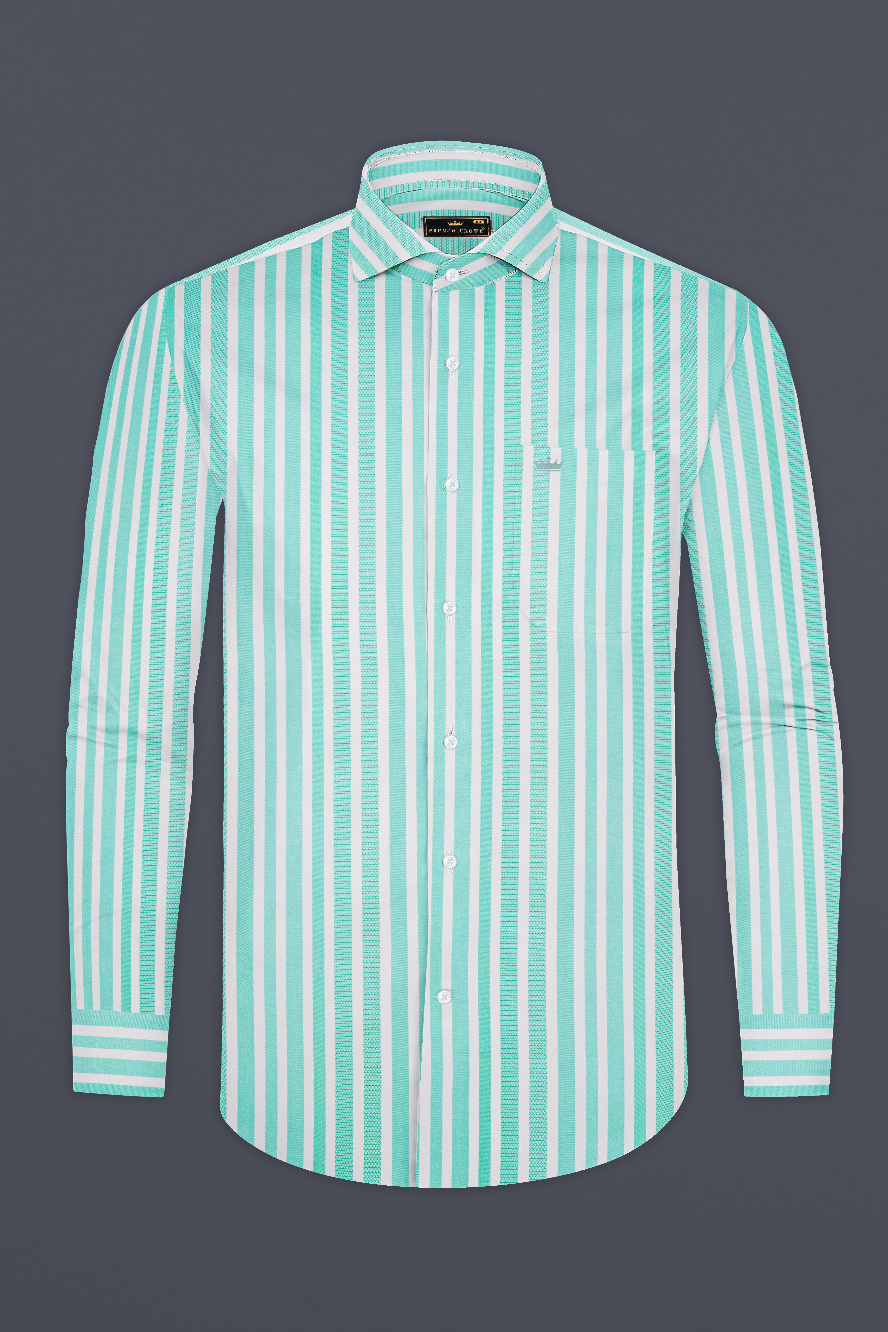 Fringy Green And Bright White Striped Dobby Textured Premium Giza Cotton Shirt