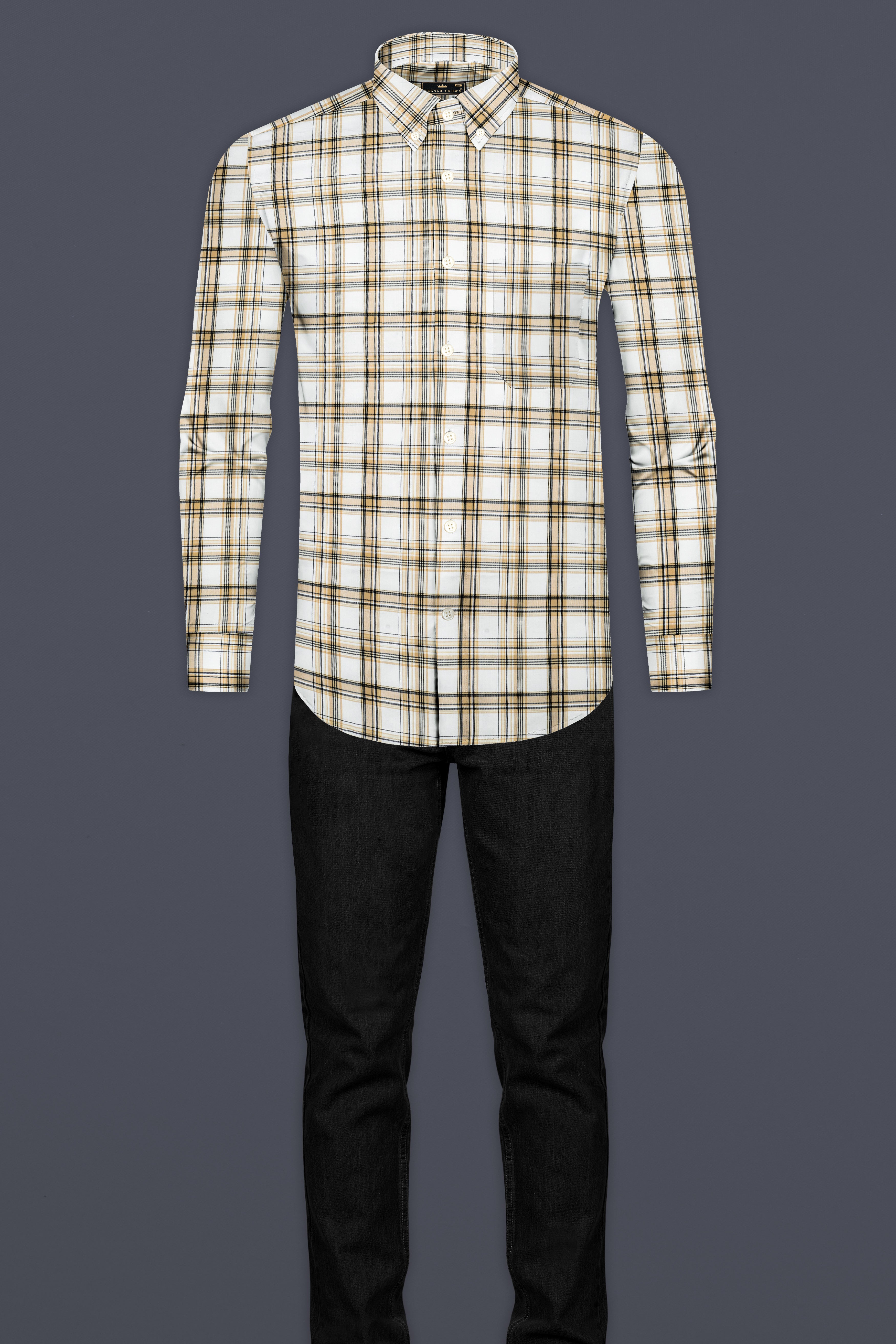 Eggshell Cream And Bright White Checked Twill Premium Cotton Shirt