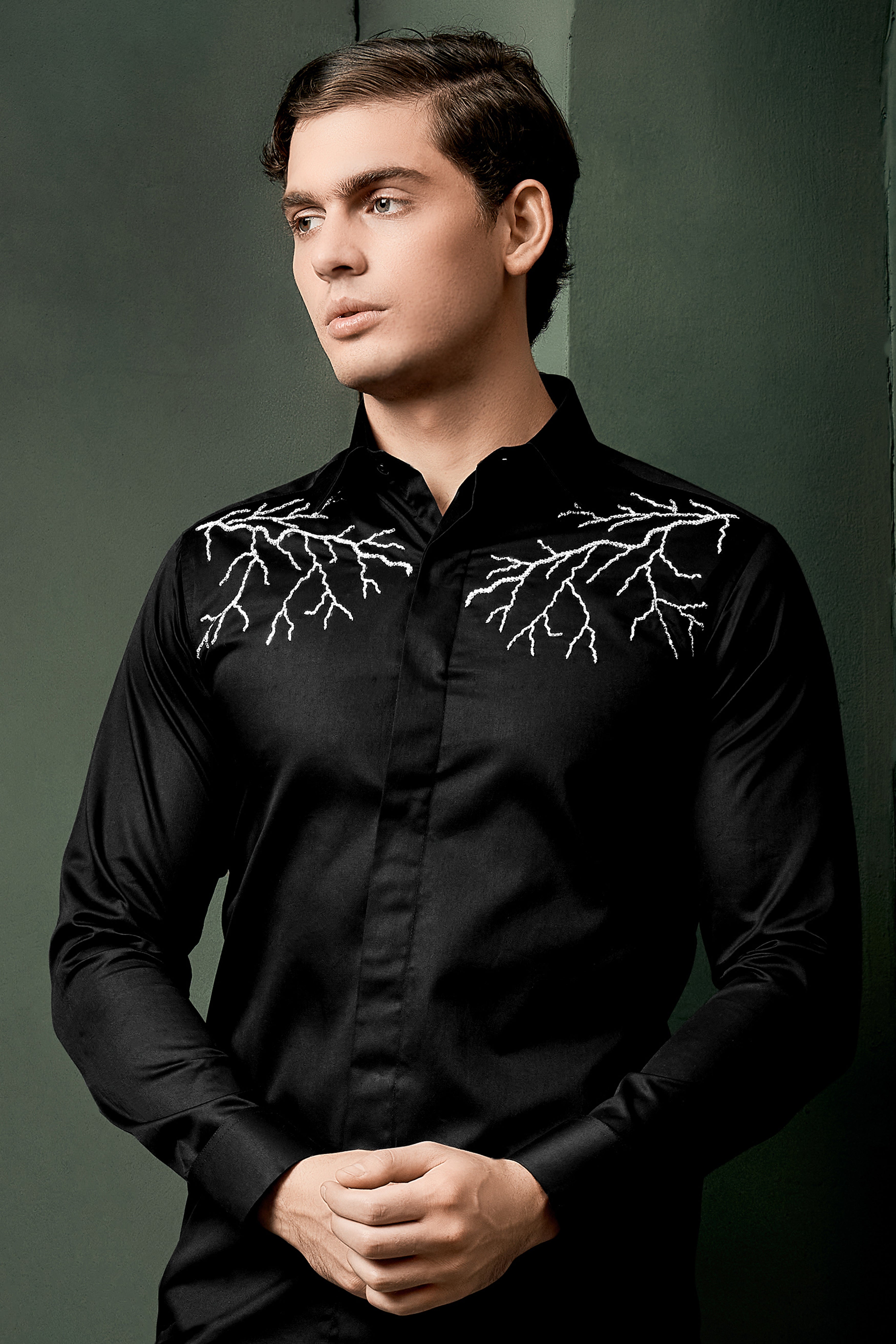 Jade Black Lightning Hand Stitched Embroidered Super Soft Premium Cotton Designer Shirt