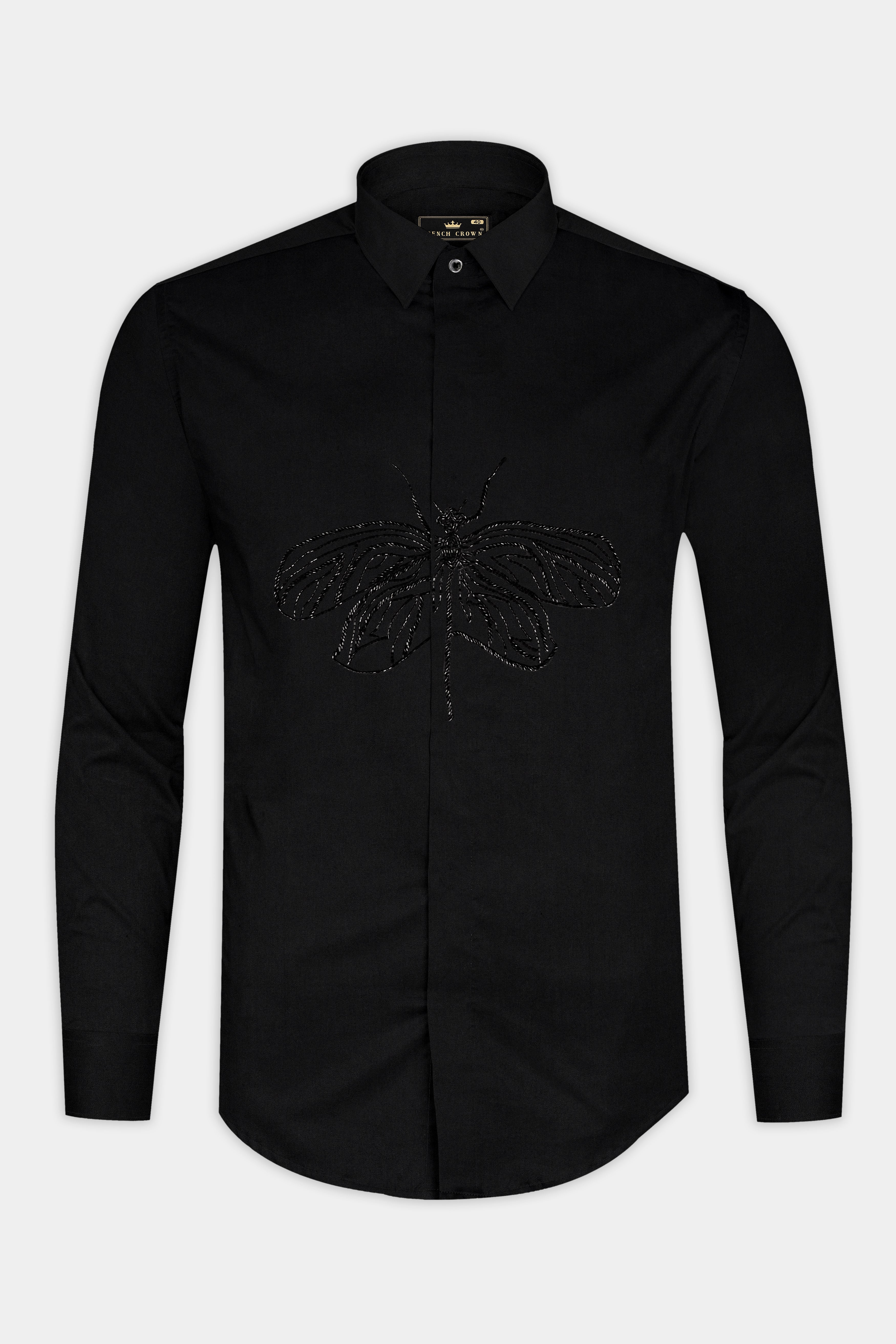 Jade Black Butterfly Hand Stitched Embroidered Super Soft Premium Cotton Designer Shirt