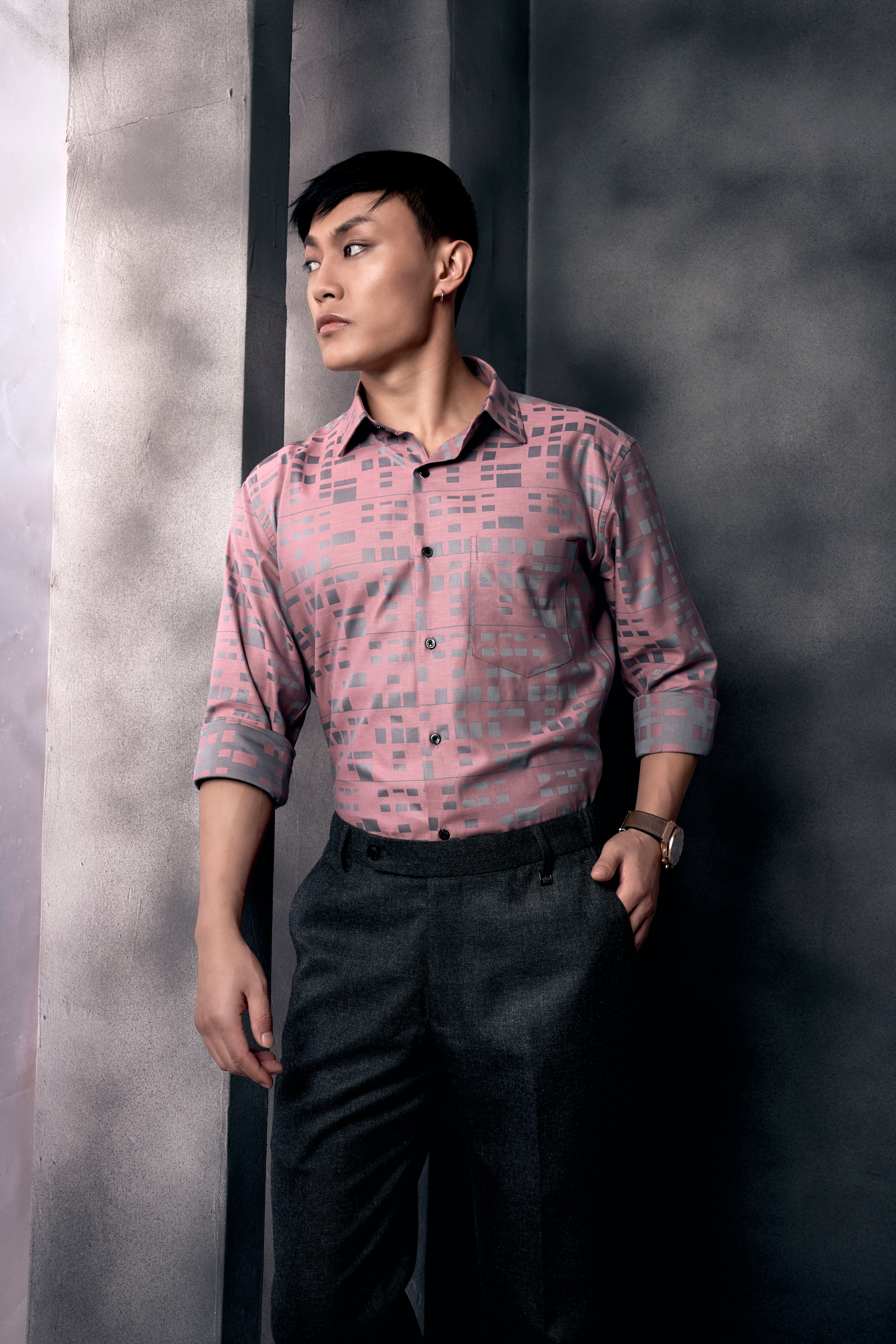 Careys Pink And Santa Gray Jacquard Textured Premium Cotton Shirt