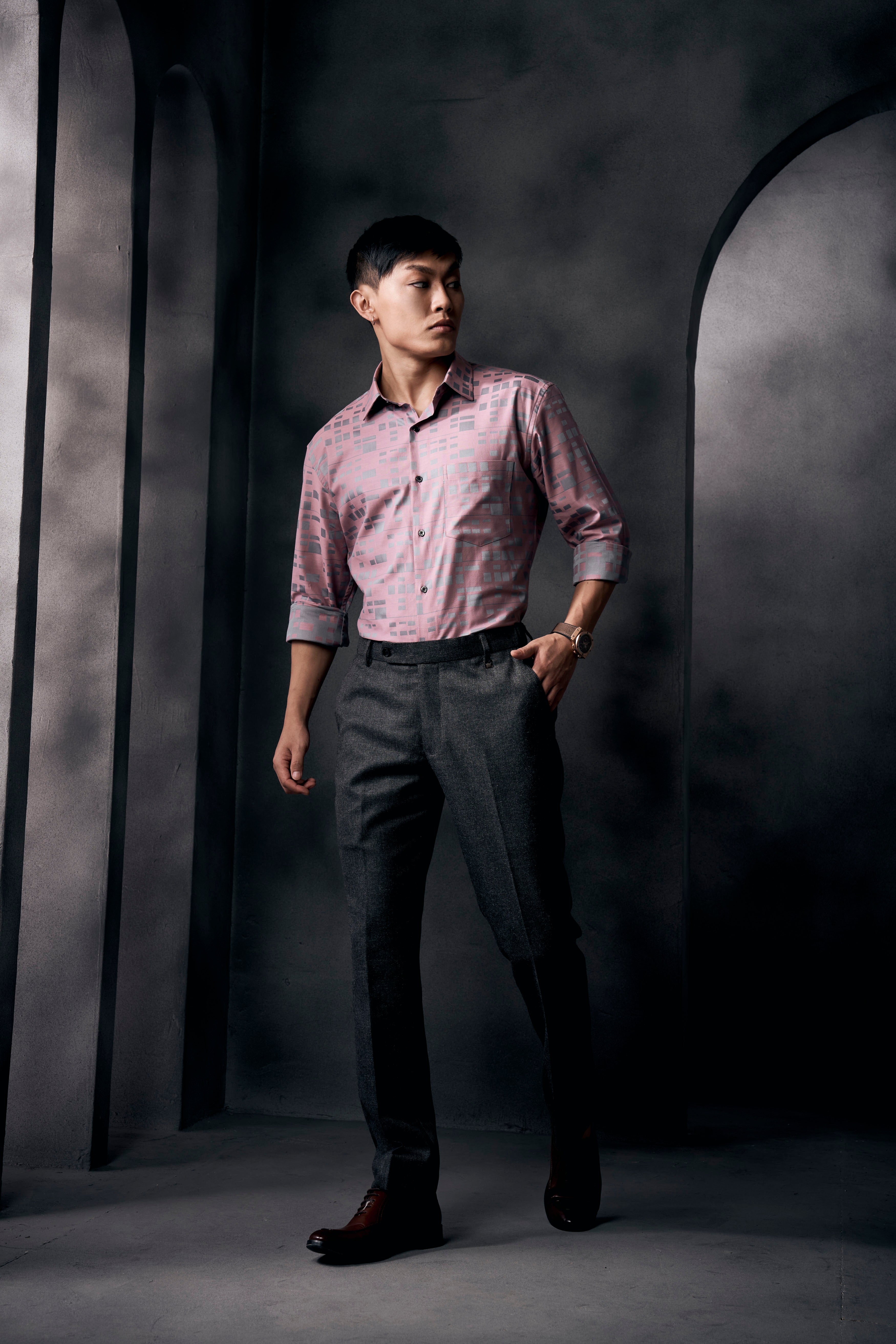 Careys Pink And Santa Gray Jacquard Textured Premium Cotton Shirt