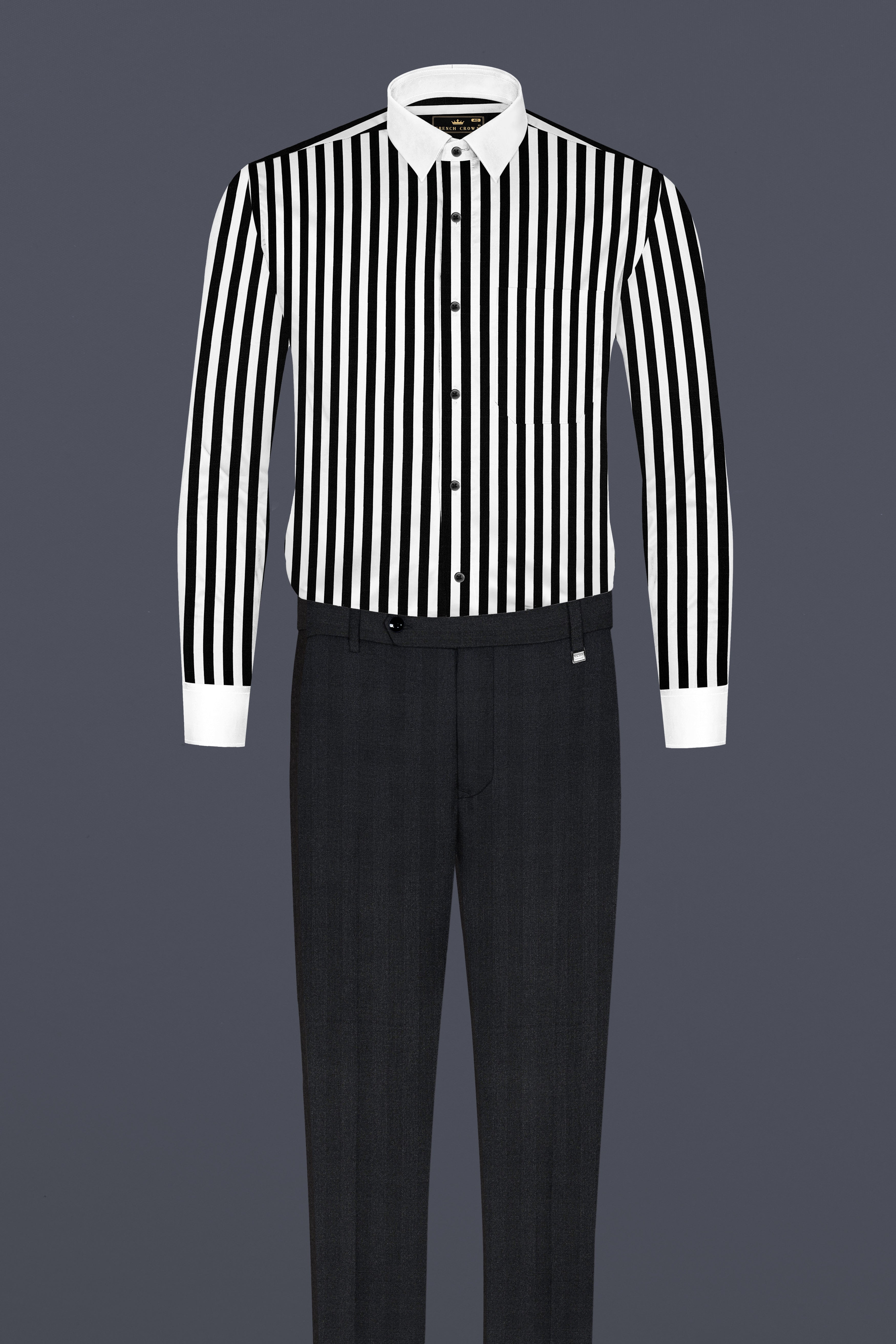 Jade Black And Bright White Stripes Printed with White Cuffs and Collar Subtle Sheen Super Soft Premium Cotton Designer Shirt