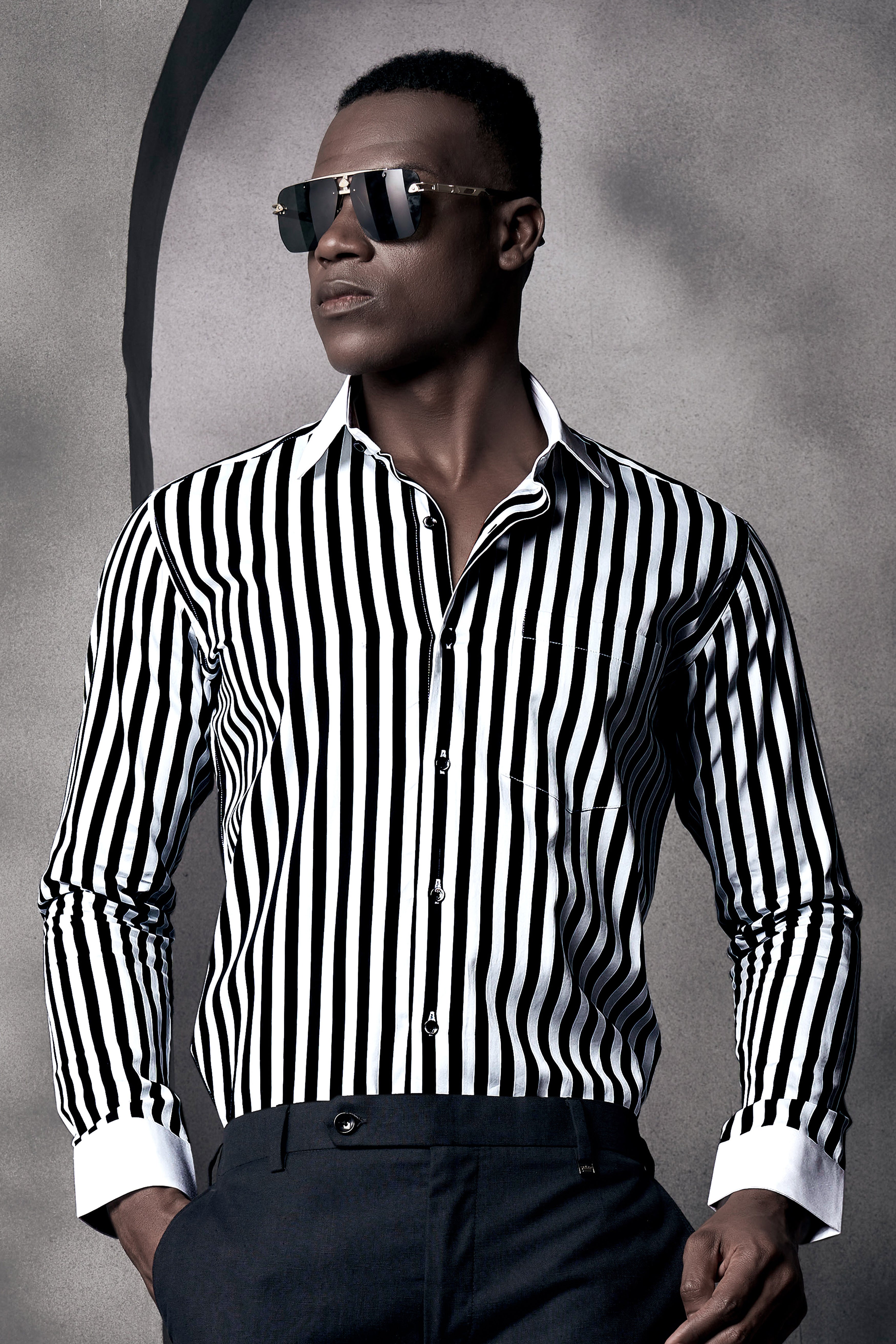 Jade Black And Bright White Stripes Printed with White Cuffs and Collar Subtle Sheen Super Soft Premium Cotton Designer Shirt