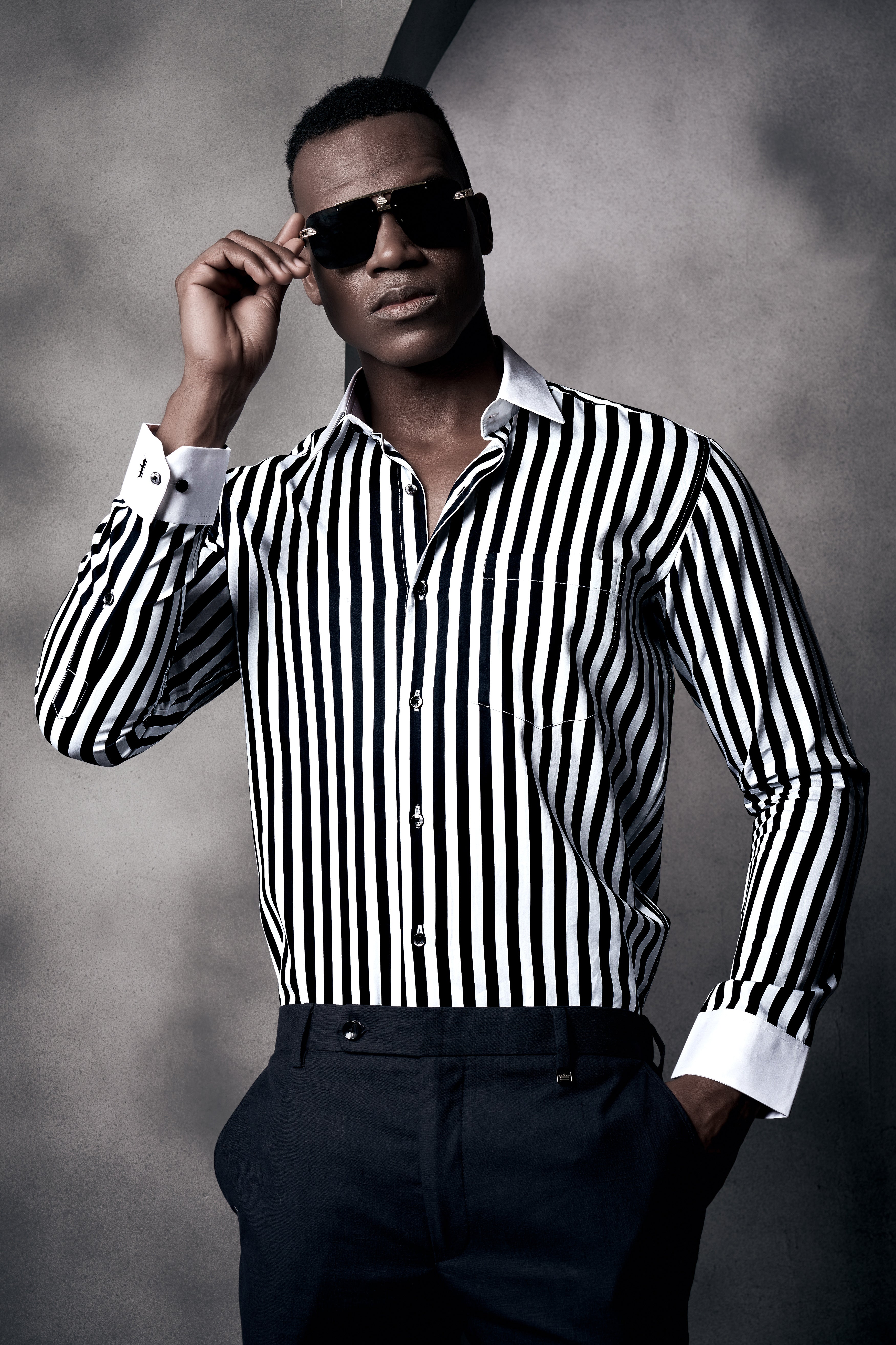 Jade Black And Bright White Stripes Printed with White Cuffs and Collar Subtle Sheen Super Soft Premium Cotton Designer Shirt