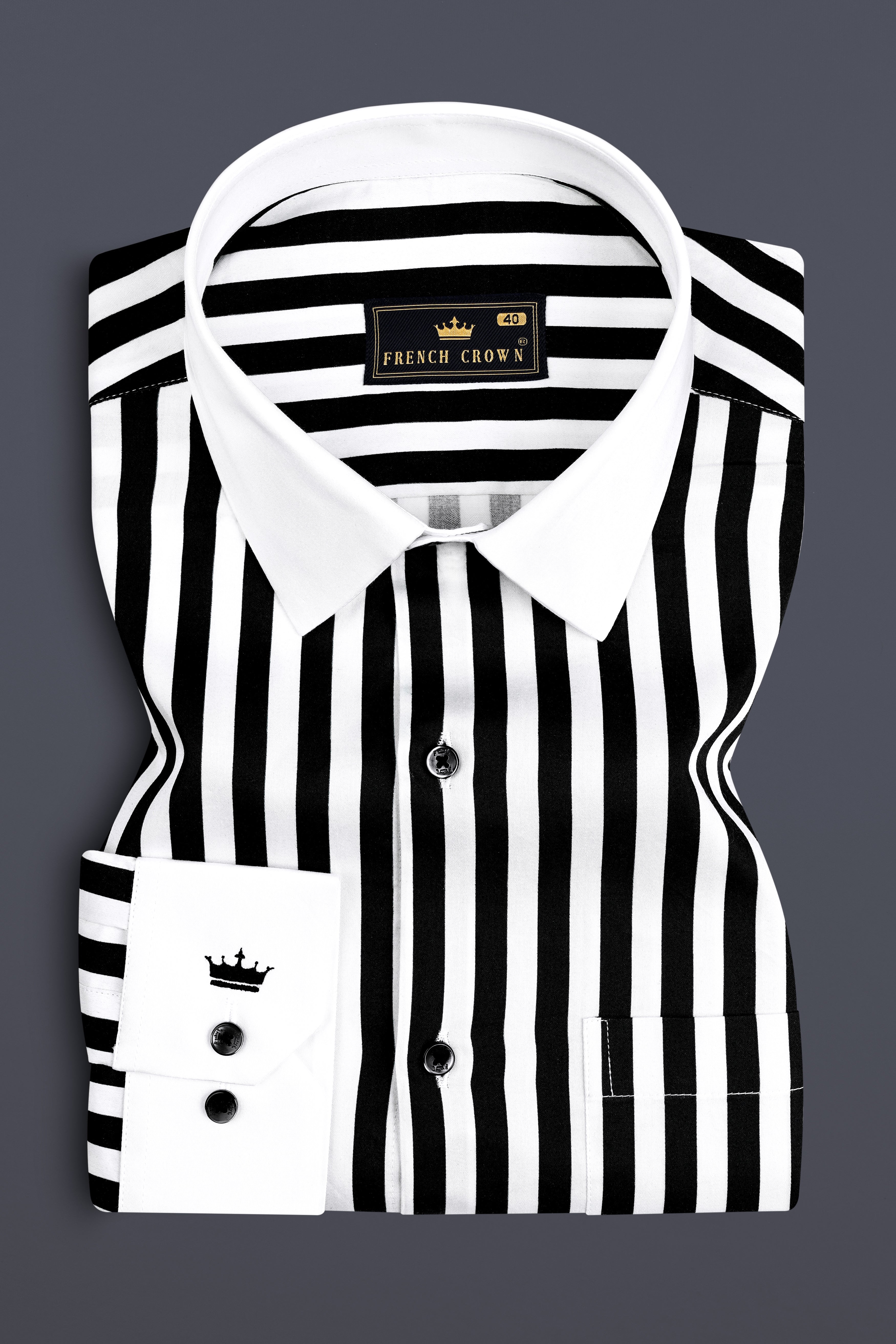 Jade Black And Bright White Stripes Printed with White Cuffs and Collar Subtle Sheen Super Soft Premium Cotton Designer Shirt