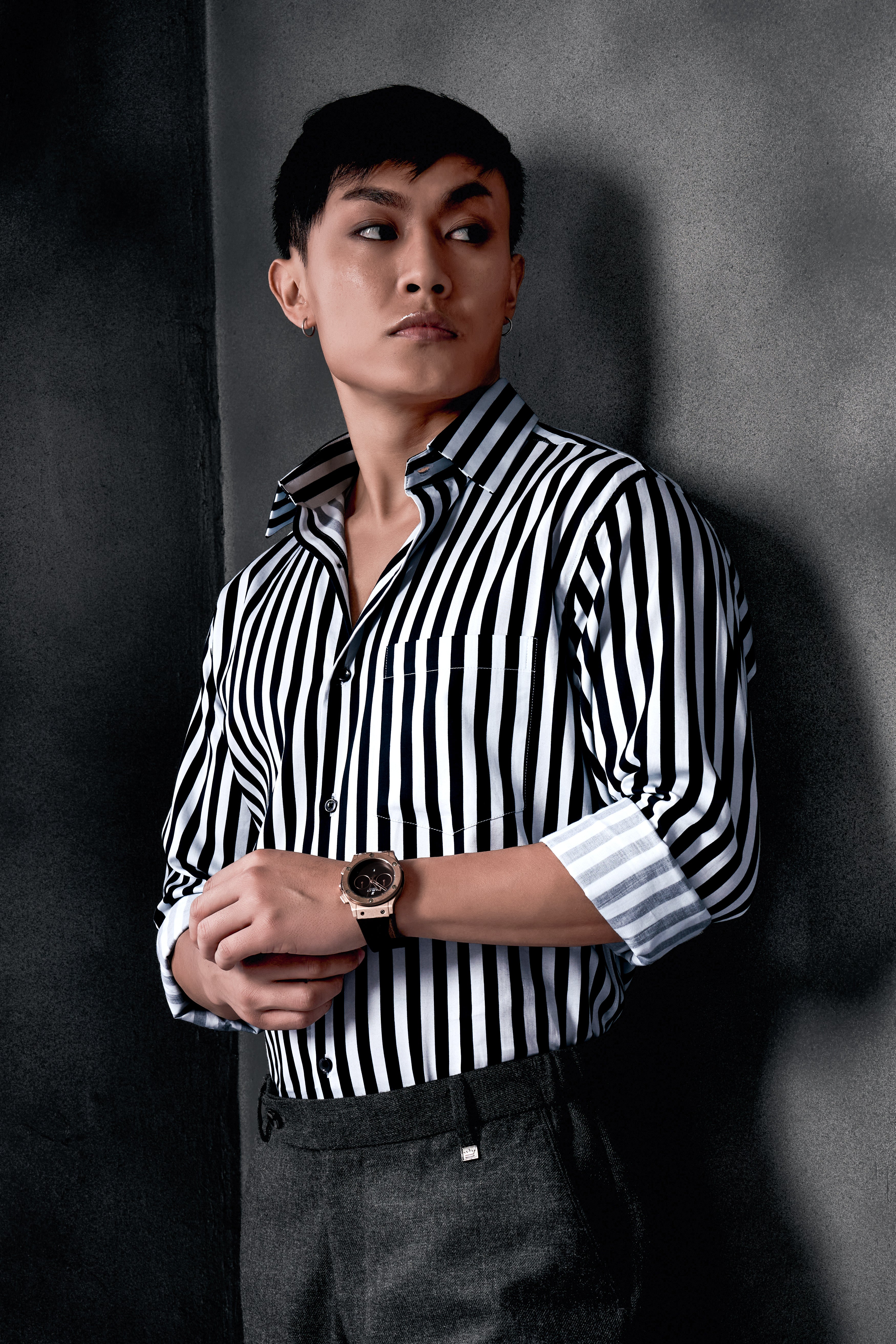 Korean Black And Bright White Stripes Printed Subtle Sheen Super Soft Premium Cotton Shirt