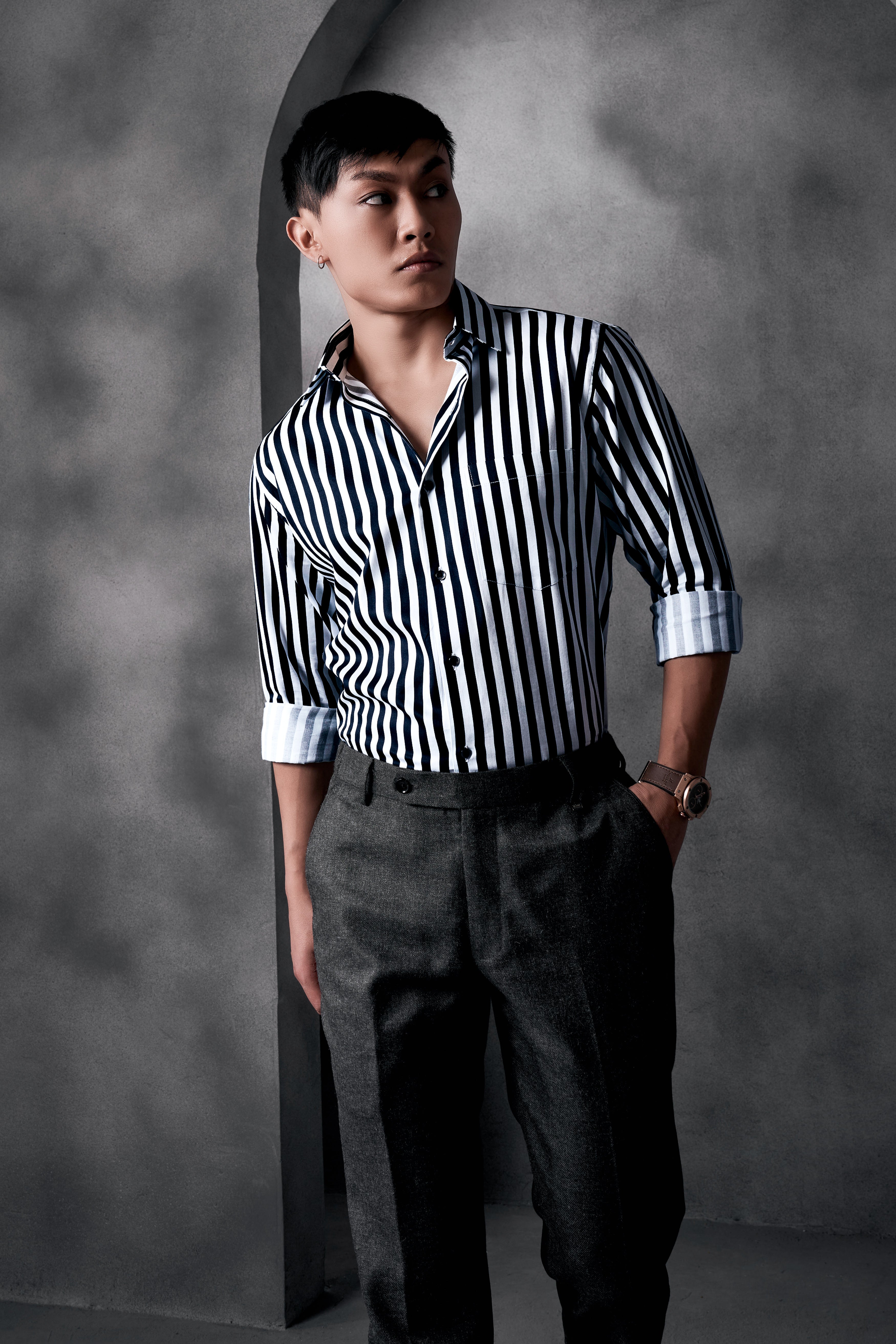 Korean Black And Bright White Stripes Printed Subtle Sheen Super Soft Premium Cotton Shirt