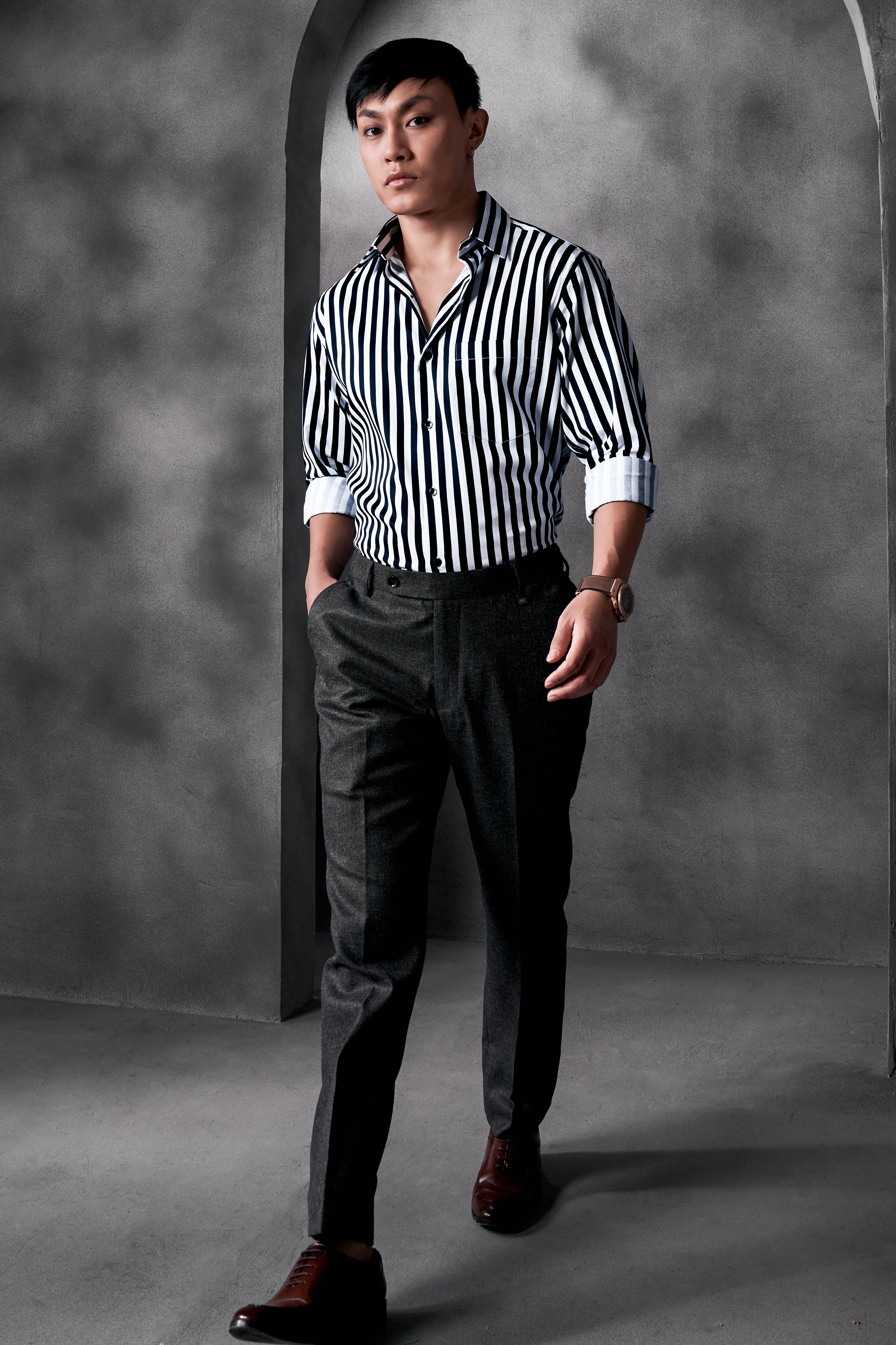 Korean Black And Bright White Stripes Printed Subtle Sheen Super Soft Premium Cotton Shirt