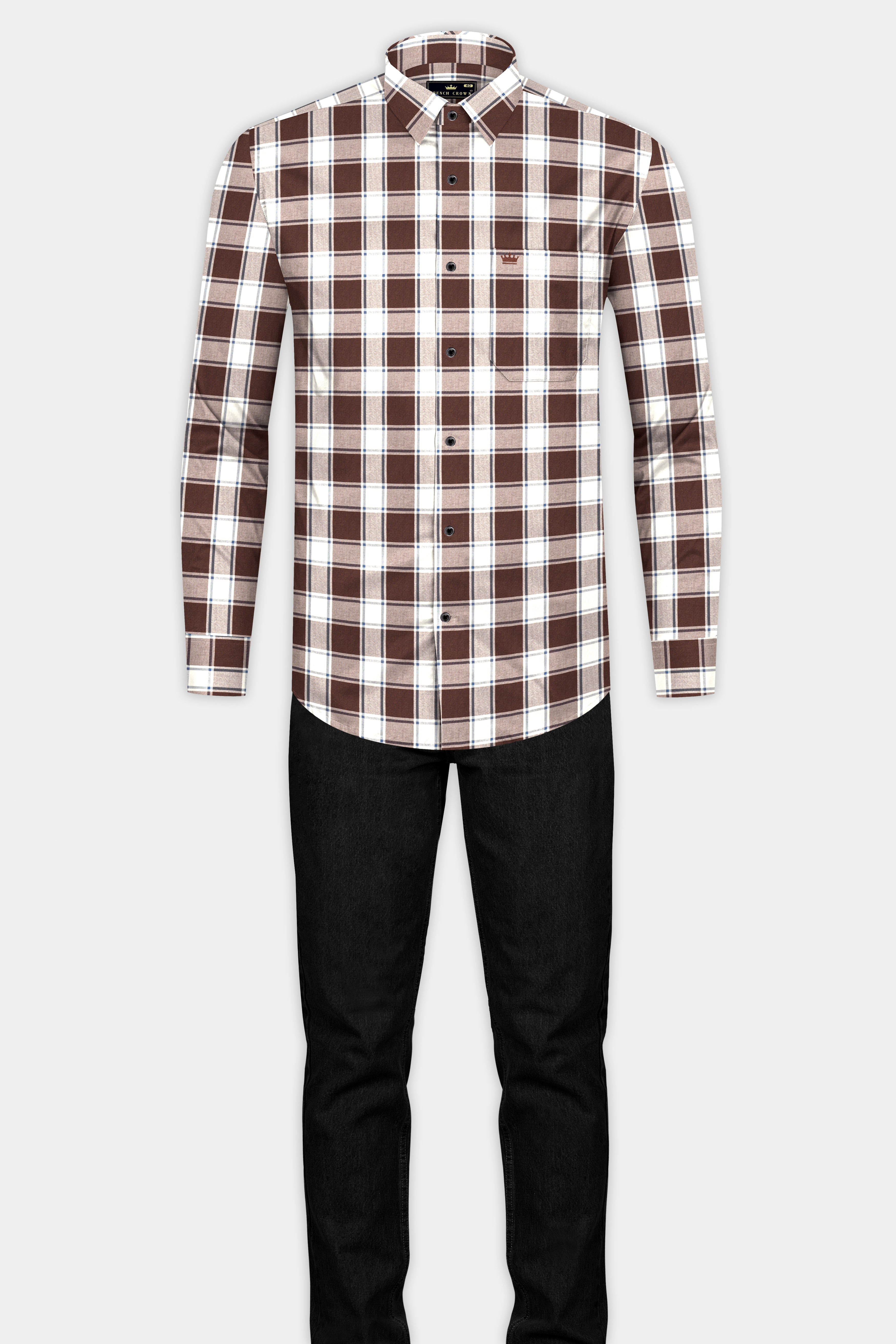 Café Noir And Bright White Plaid Giza Cotton Shirt