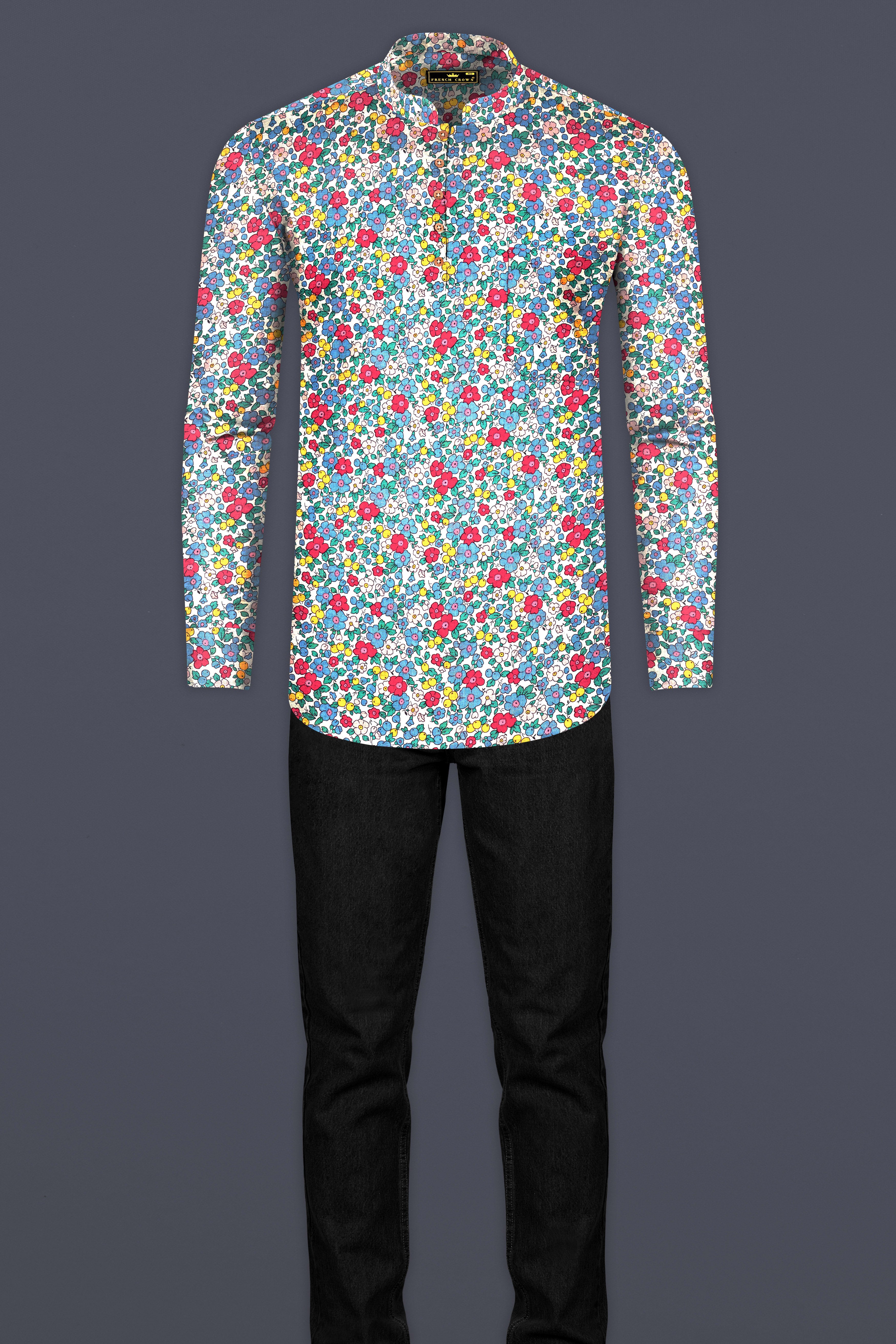 Wild Blue And Surfie Green Multicolour Flower Printed Dobby Textured Premium Giza Cotton Kurta Shirt