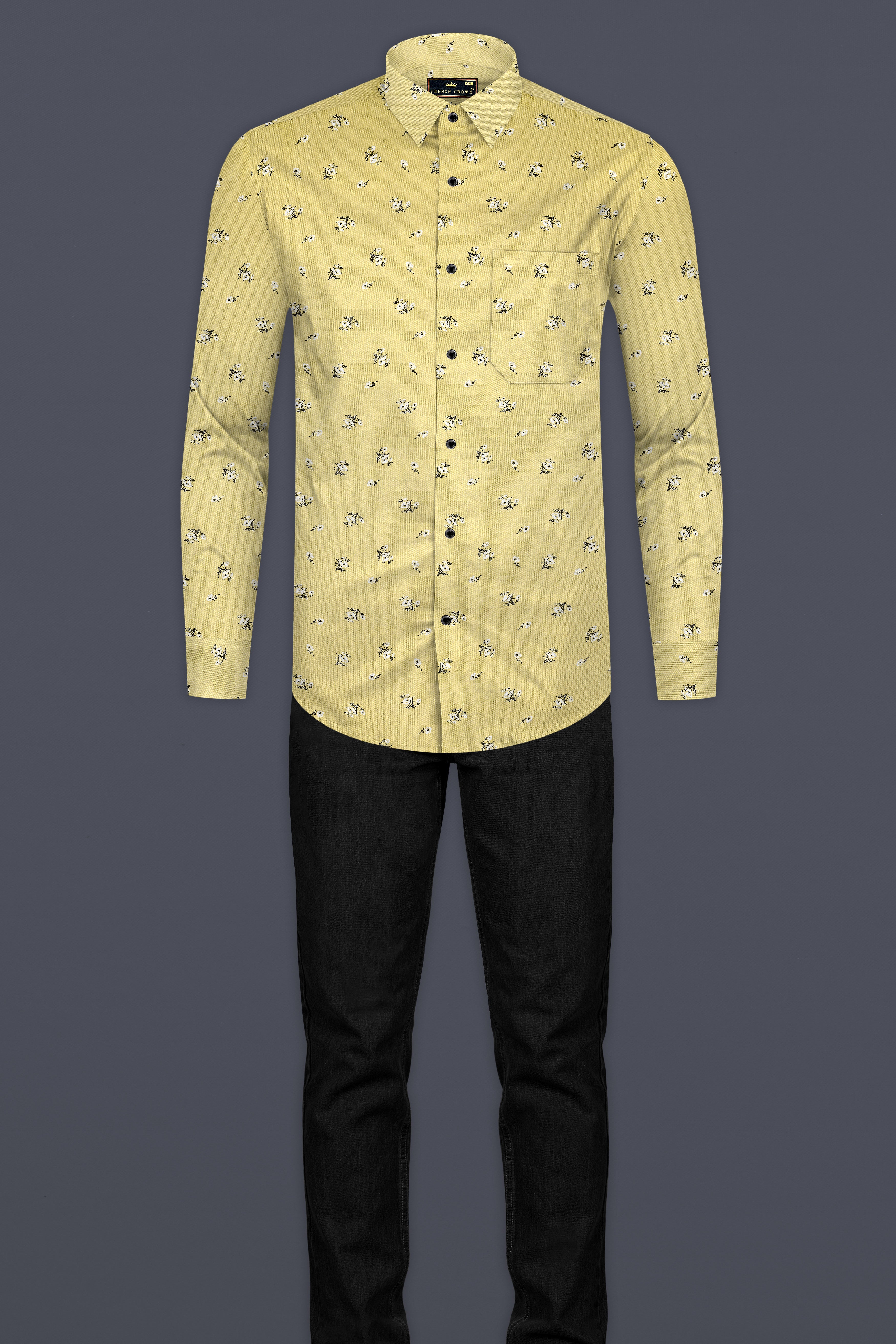 Maize Yellow Flower Printed Dobby Textured Premium Giza Cotton Shirt