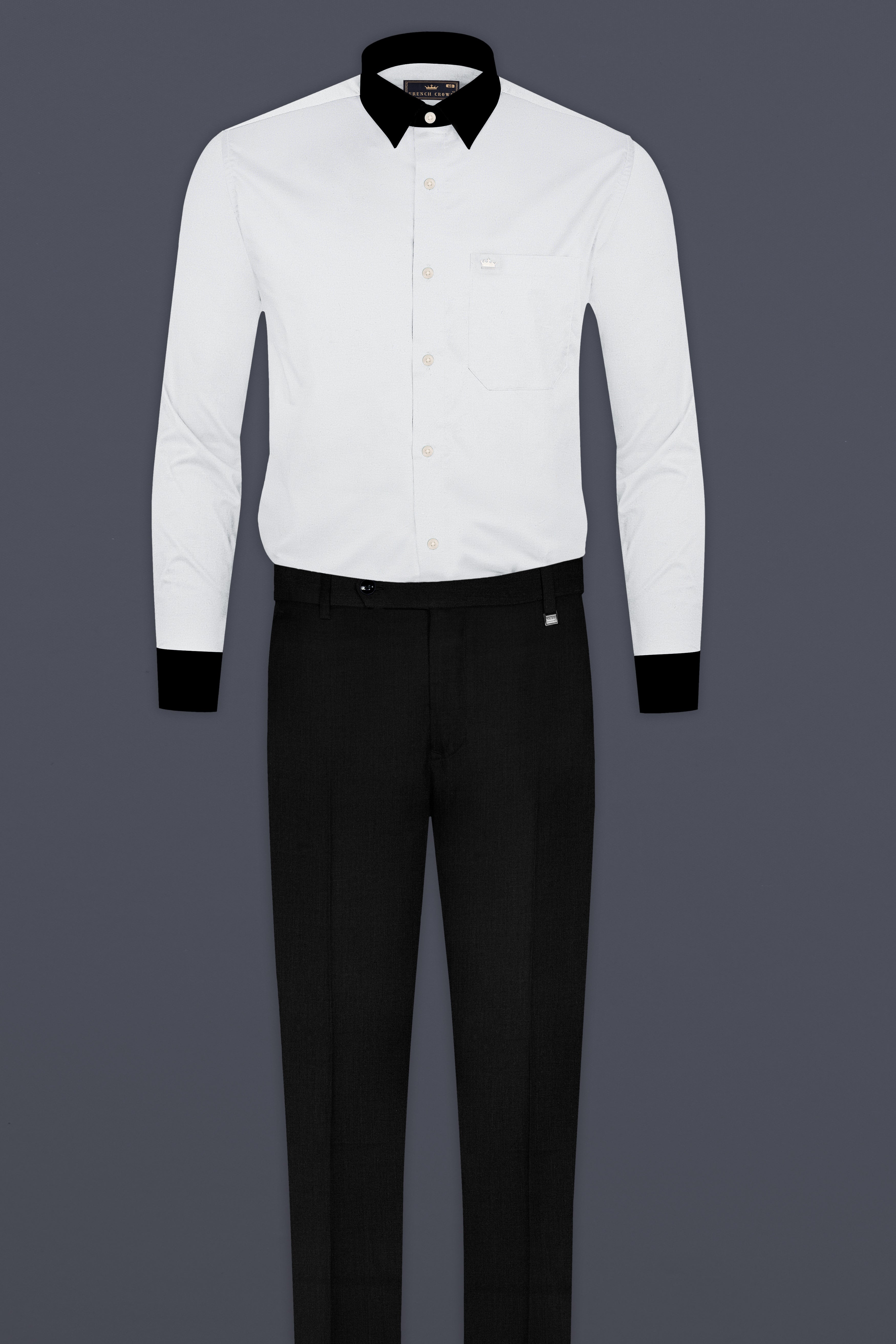 Bright White Solid Royal Oxford Premium Cotton Black Cuff Collar Shirt