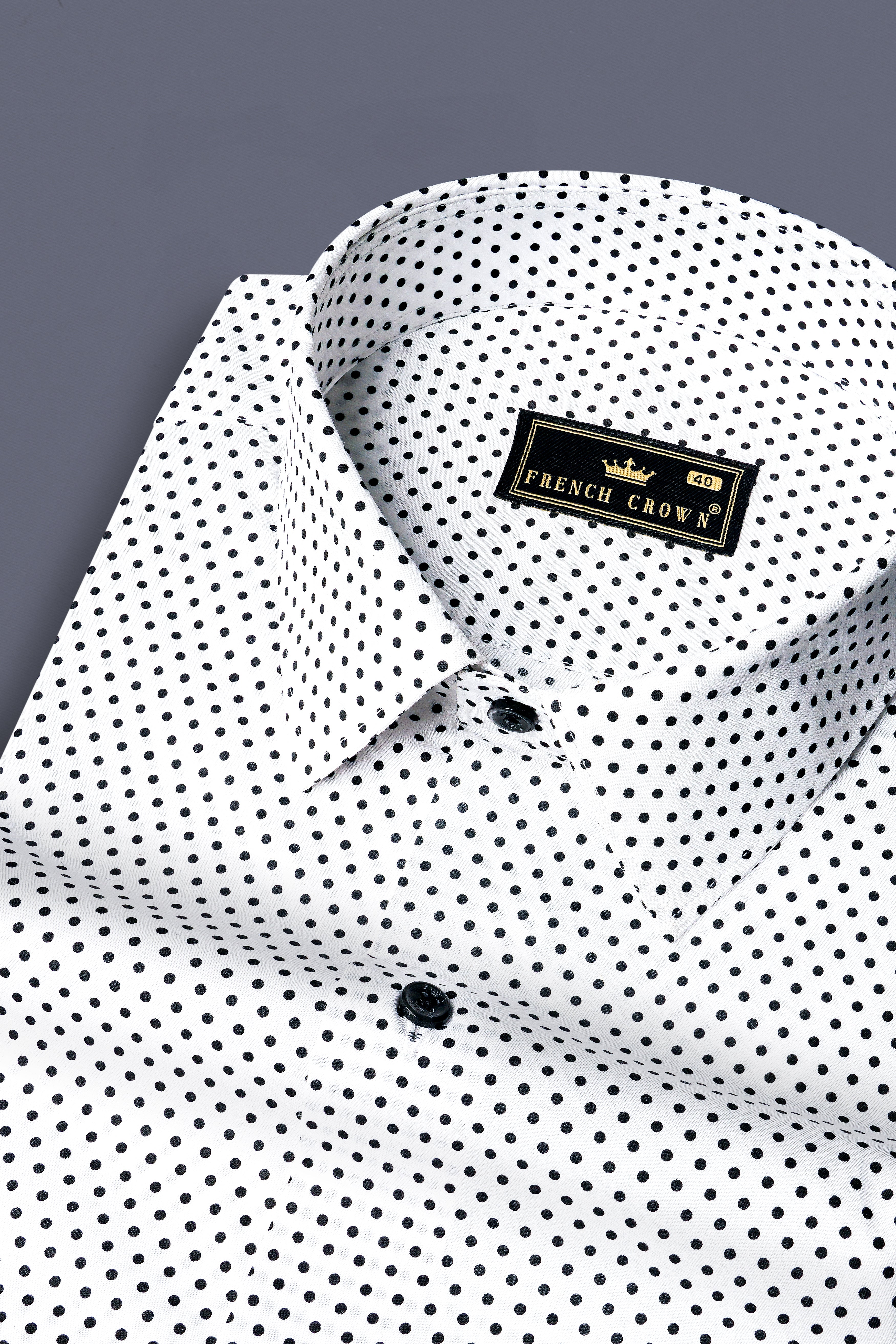 Bright White with Vulcan Black Polka Dotted Poplin Giza Cotton Shirt