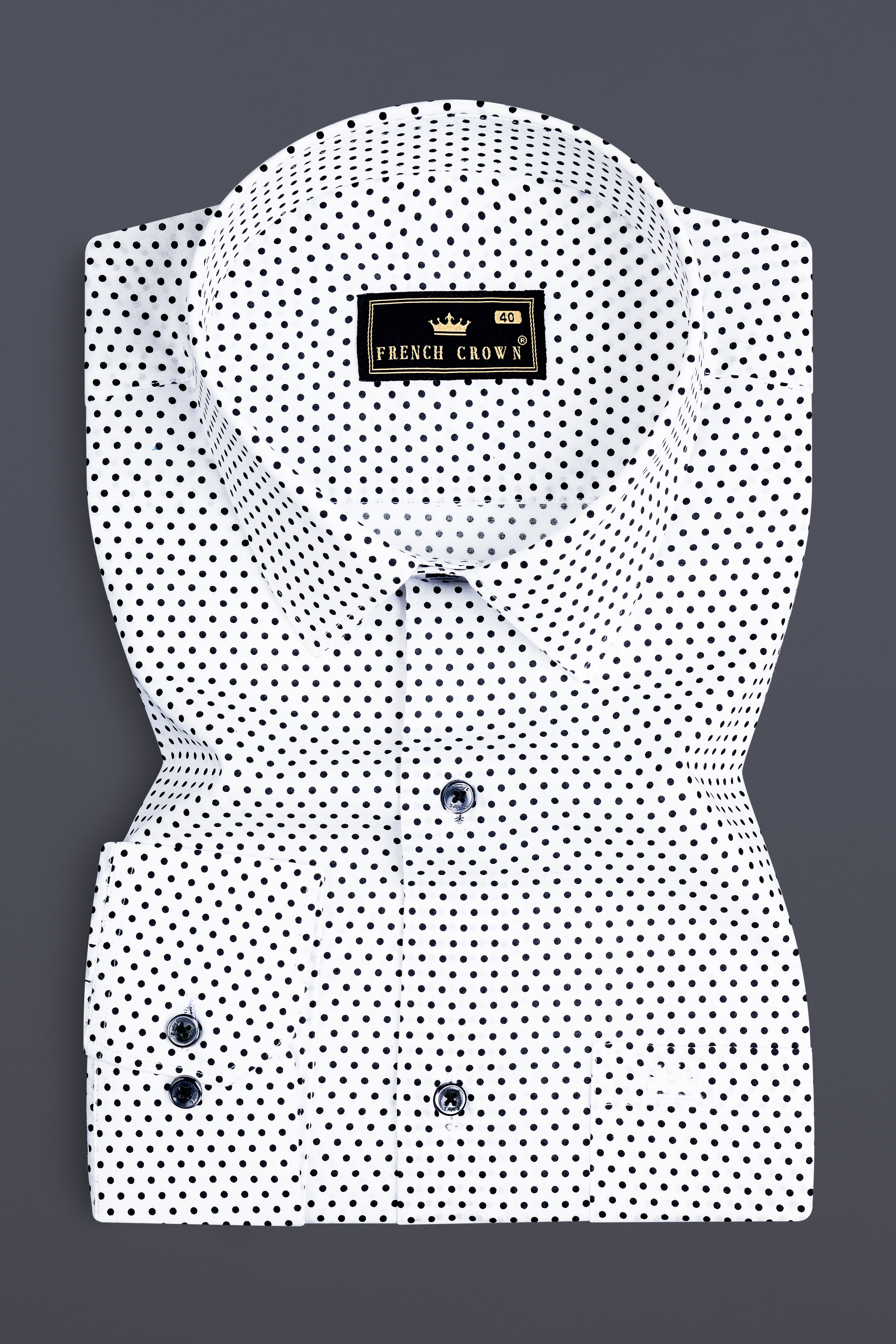 Bright White with Vulcan Black Polka Dotted Poplin Giza Cotton Shirt