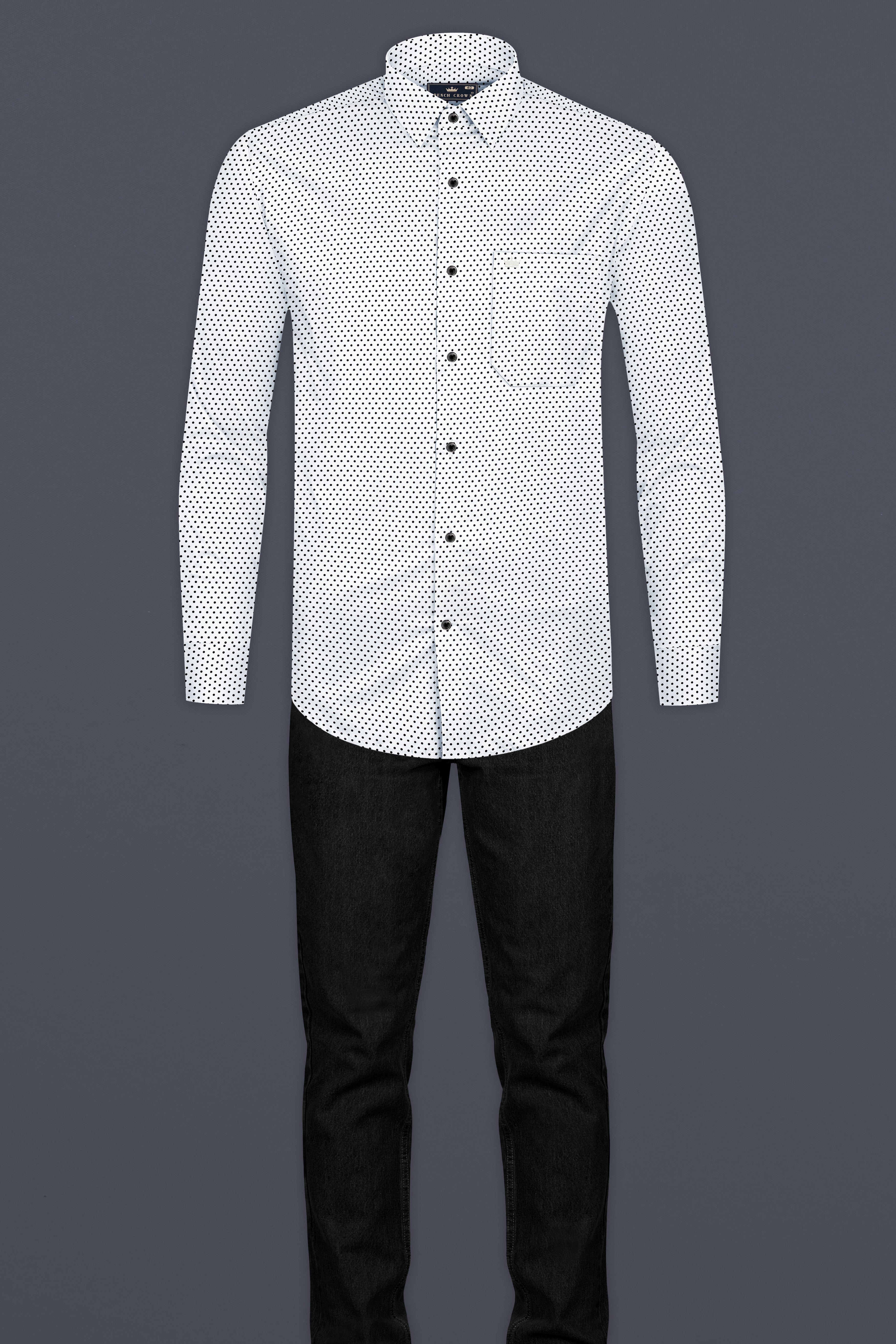 Bright White with Vulcan Black Polka Dotted Poplin Giza Cotton Shirt