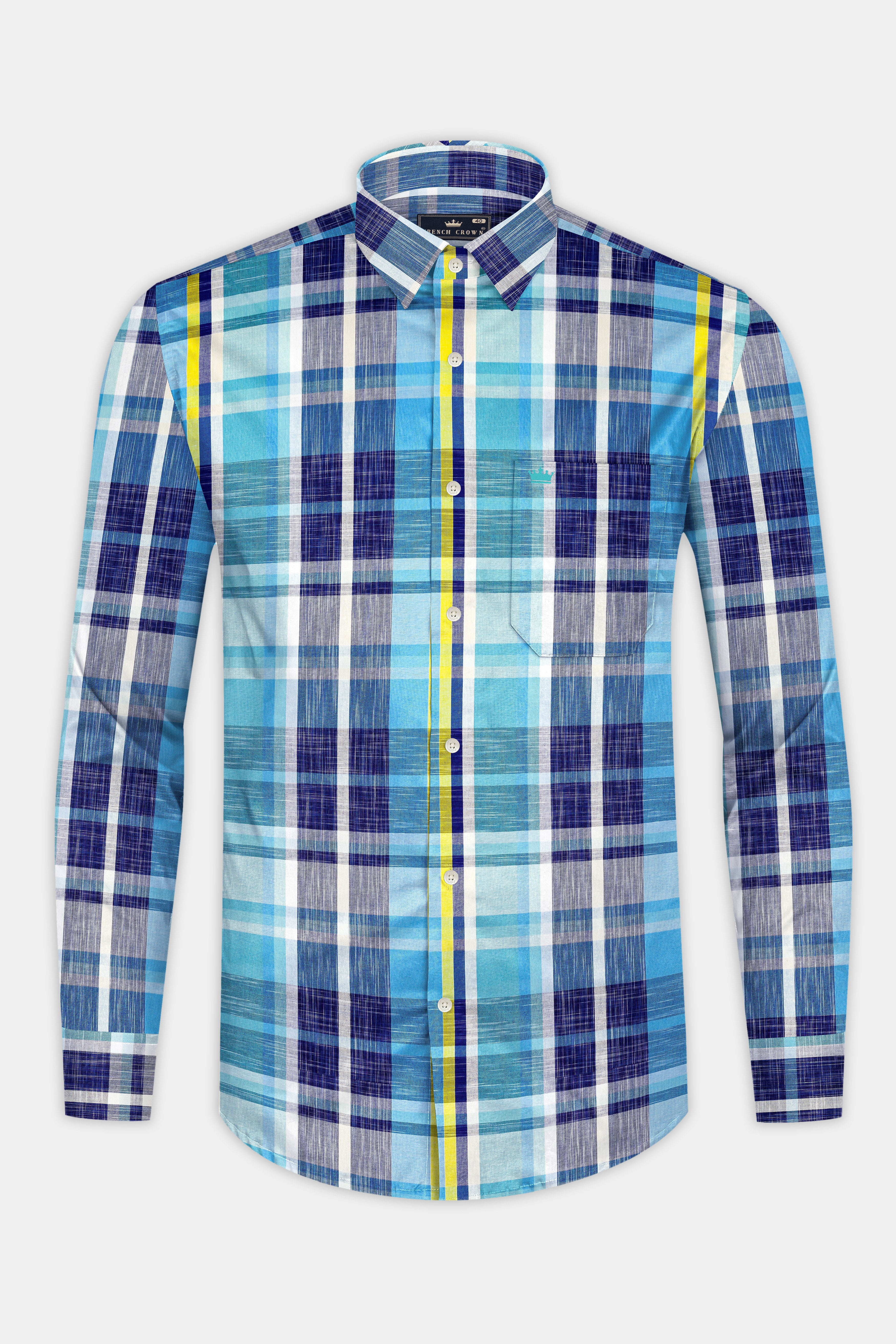 Violent Blue And Citrine Yellow Checked premium Cotton Shirt