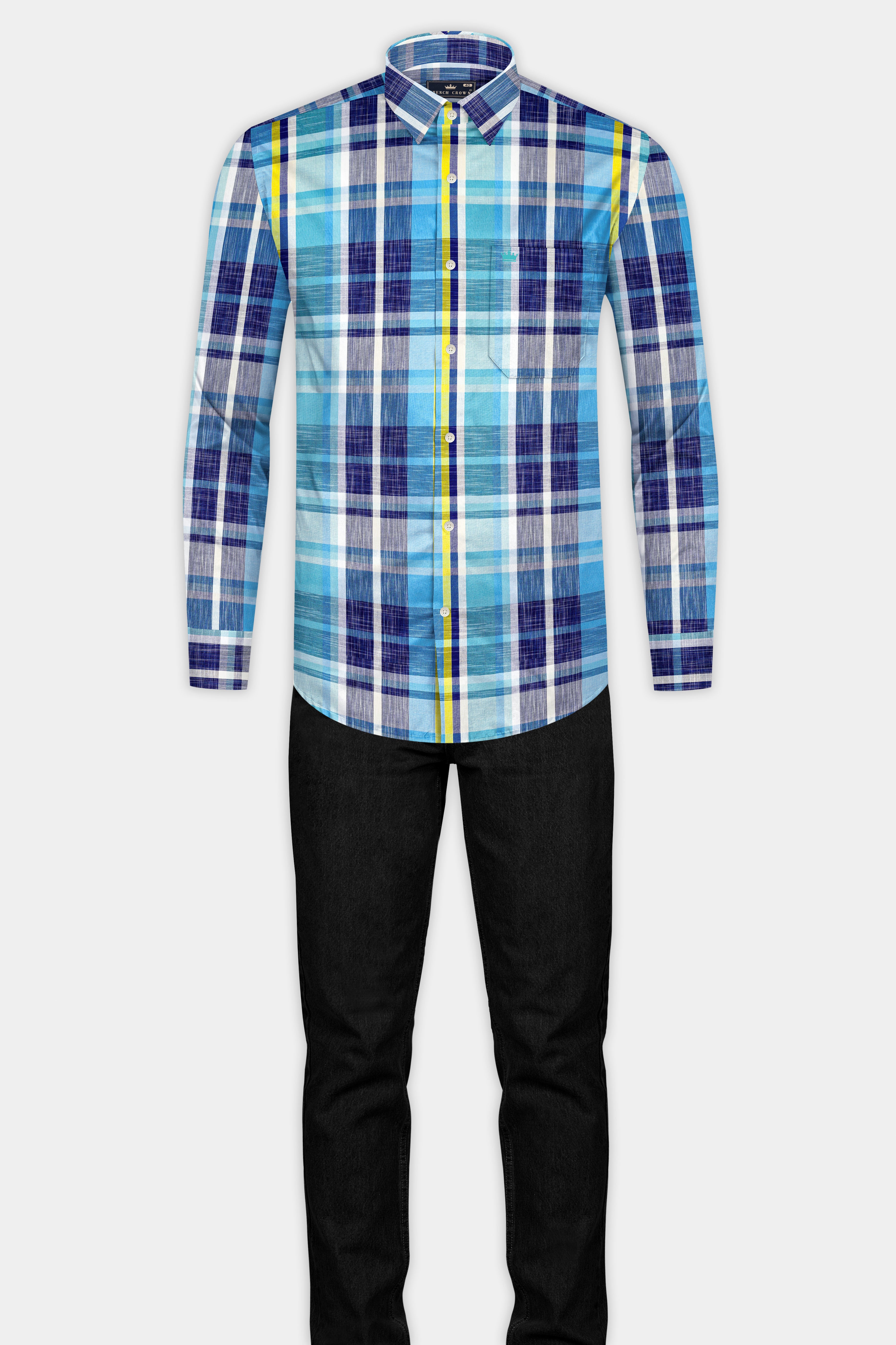 Violent Blue And Citrine Yellow Checked premium Cotton Shirt