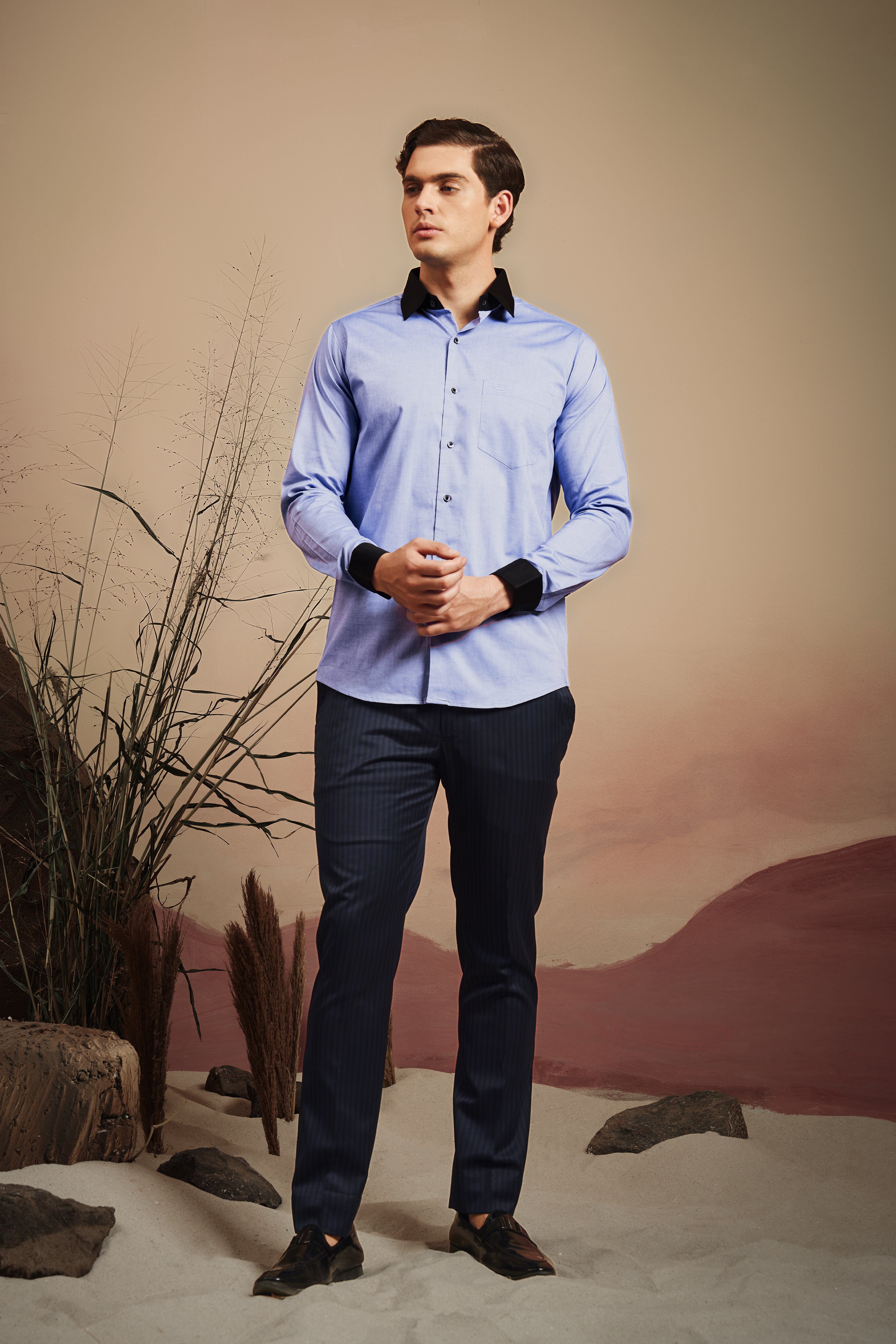 Wistful Blue Solid Premium Cotton Black cuff Collar Shirt