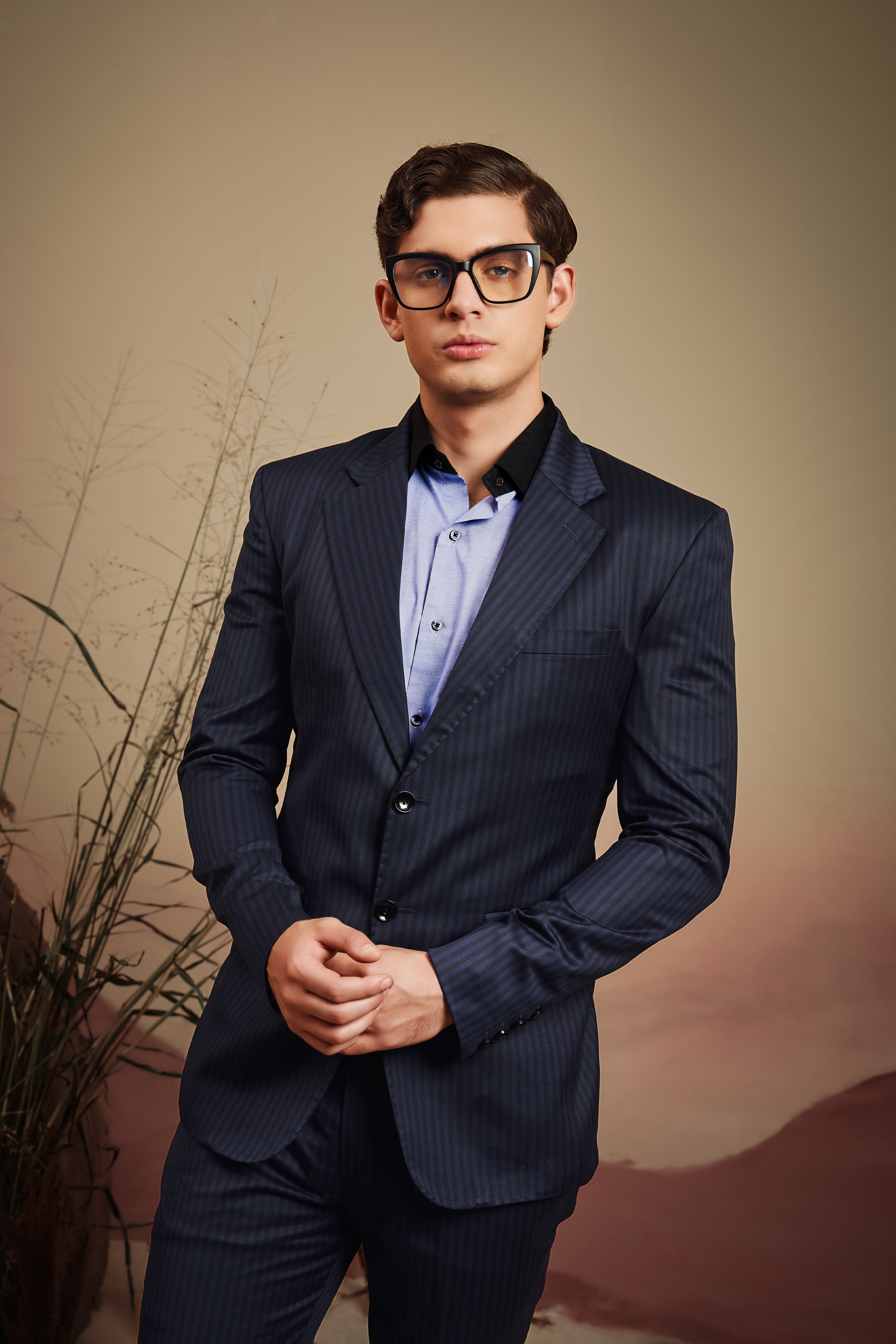 Wistful Blue Solid Premium Cotton Black cuff Collar Shirt