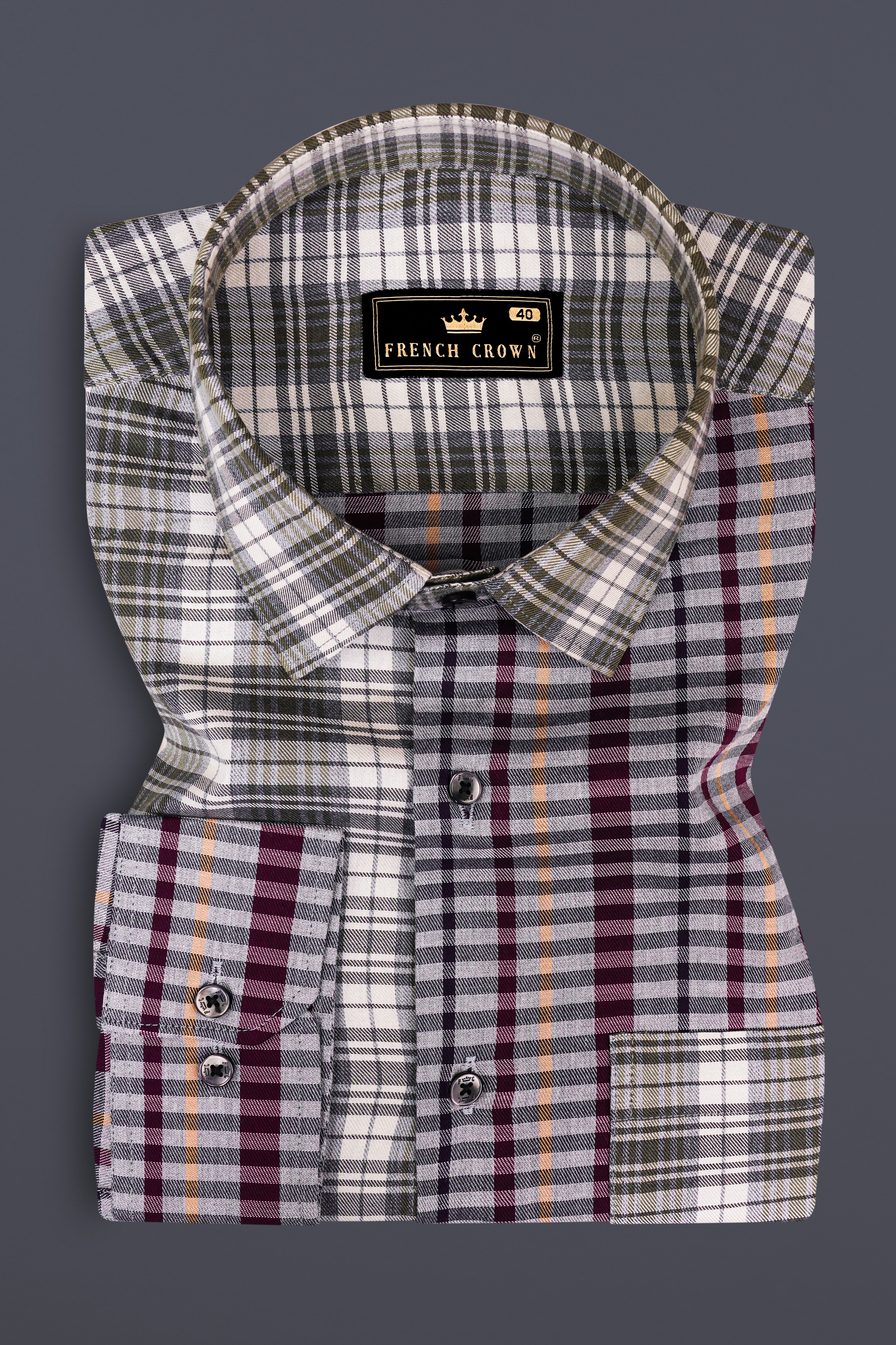 Smokey Gray And Castro Maroon Multi Color Plaid Twill Premium Cotton Designer Shirt