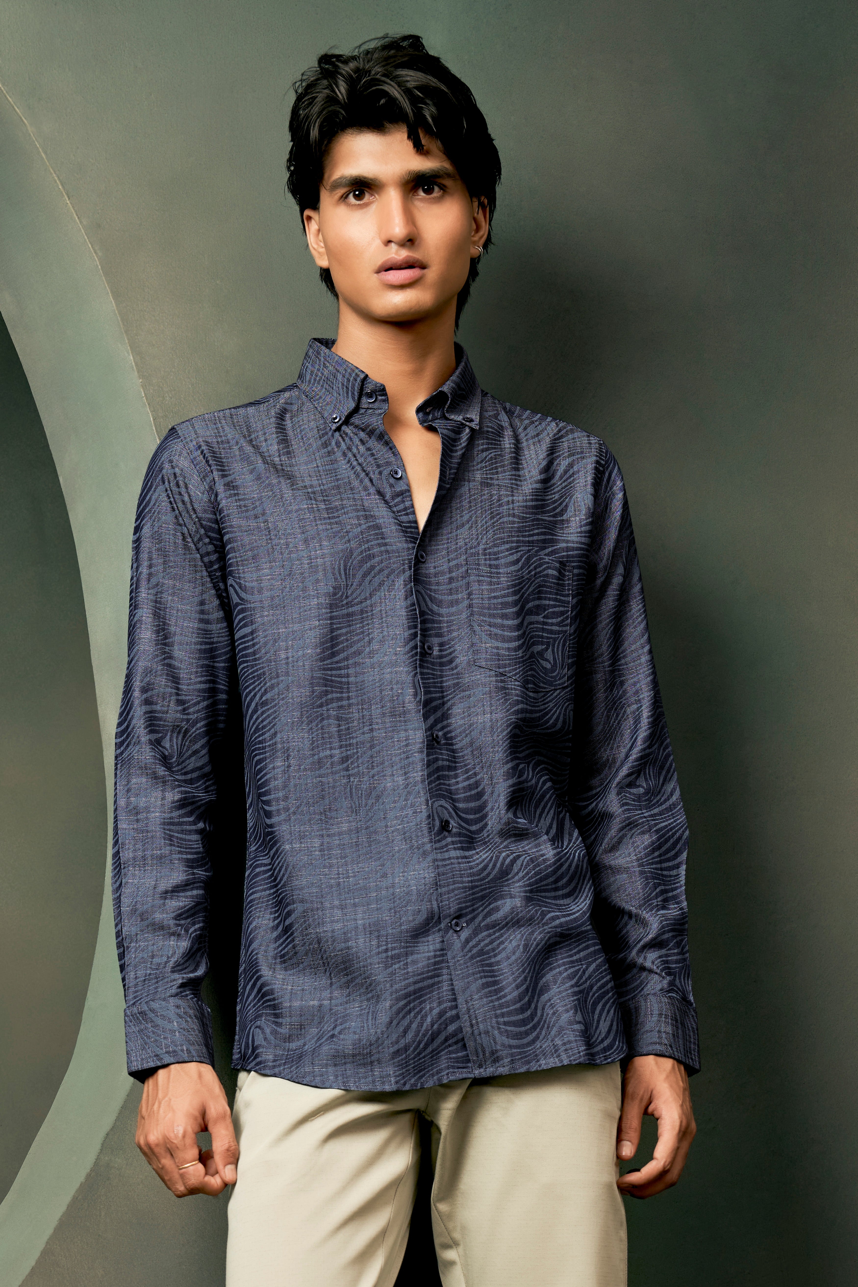 Mirage Blue Printed Chambray Premium Cotton Denim Shirt