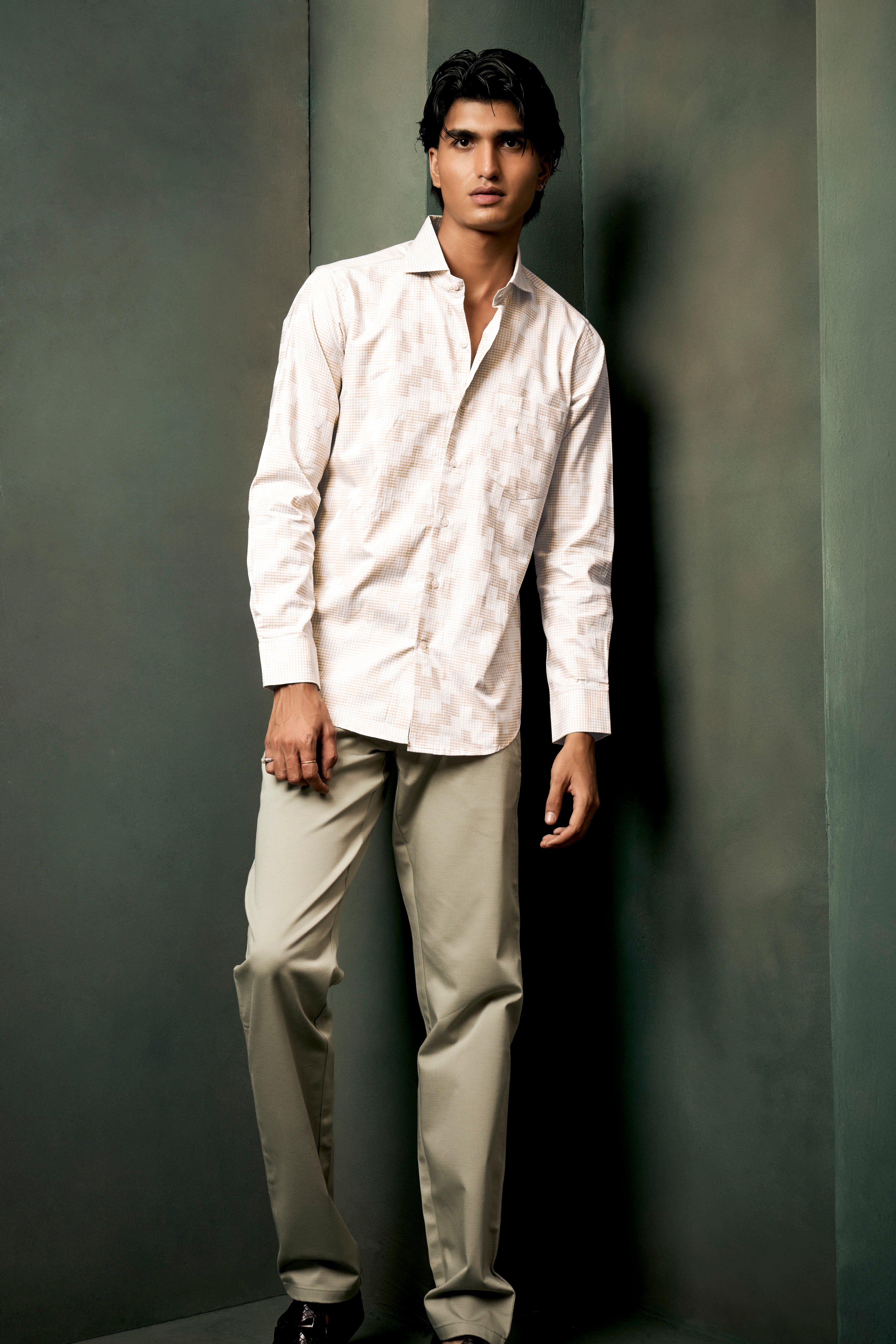 Givry Cream Jacquard Textured Premium Cotton Shirt