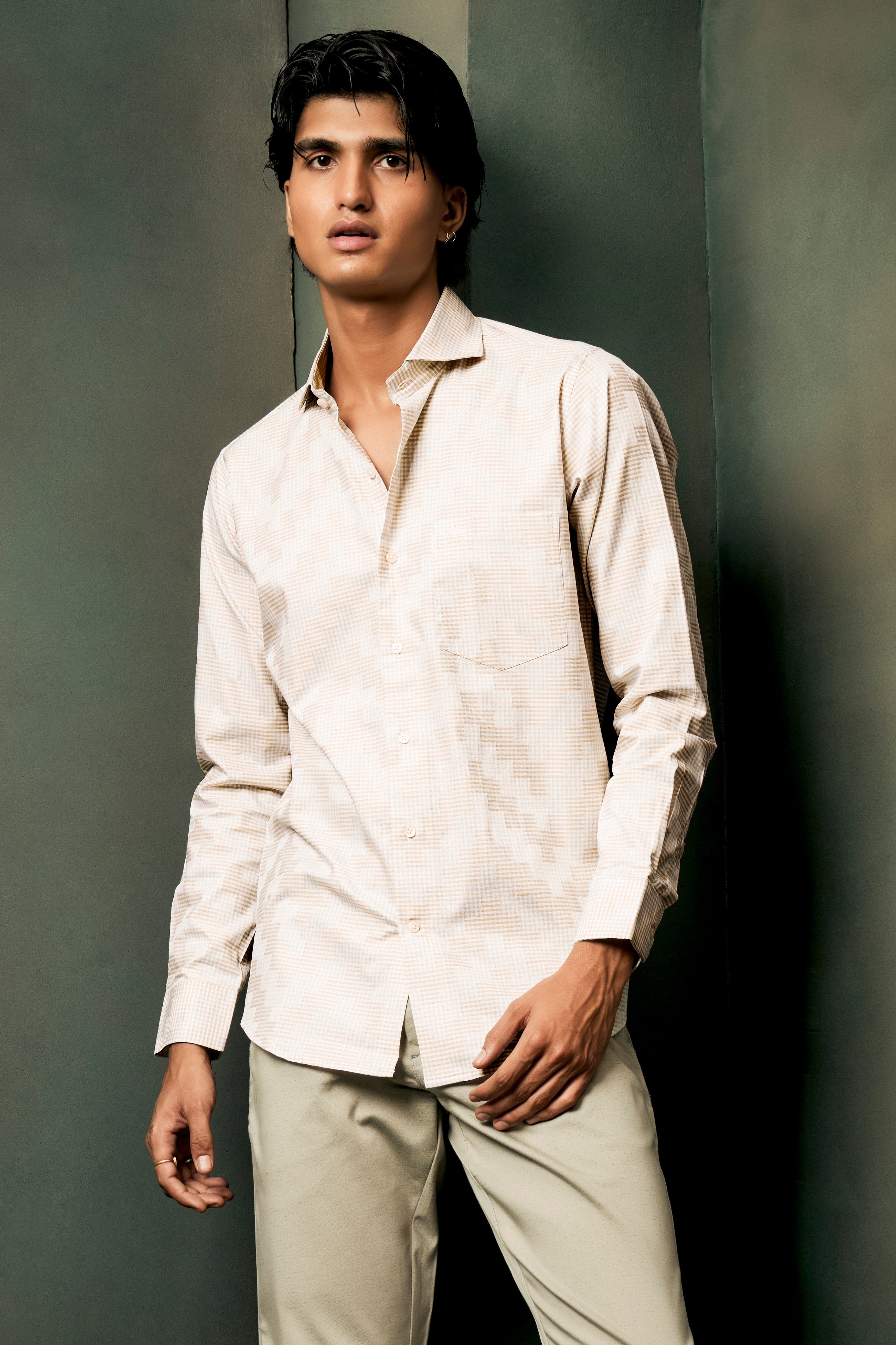 Givry Cream Jacquard Textured Premium Cotton Shirt