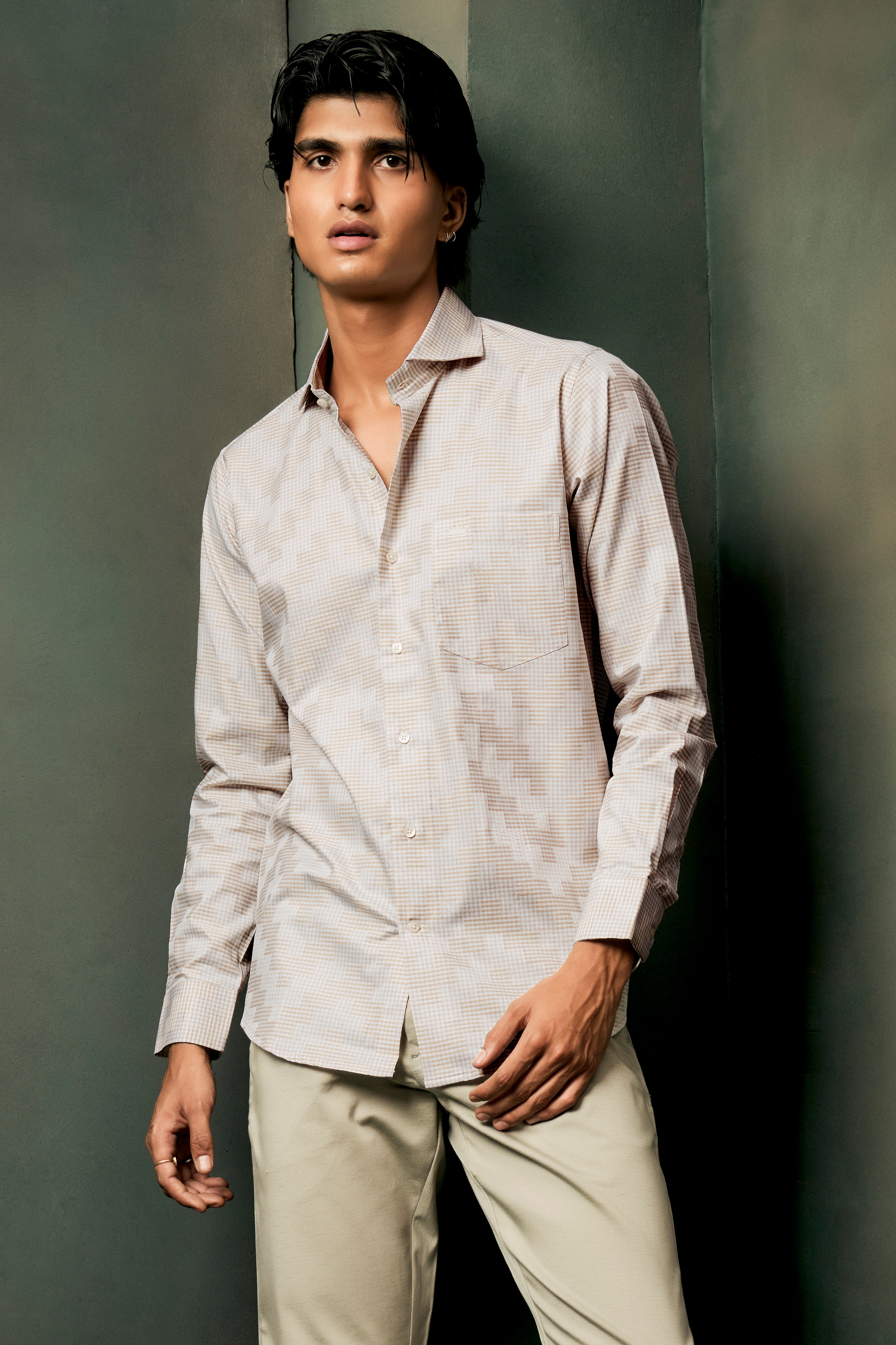 Givry Cream Jacquard Textured Premium Cotton Shirt