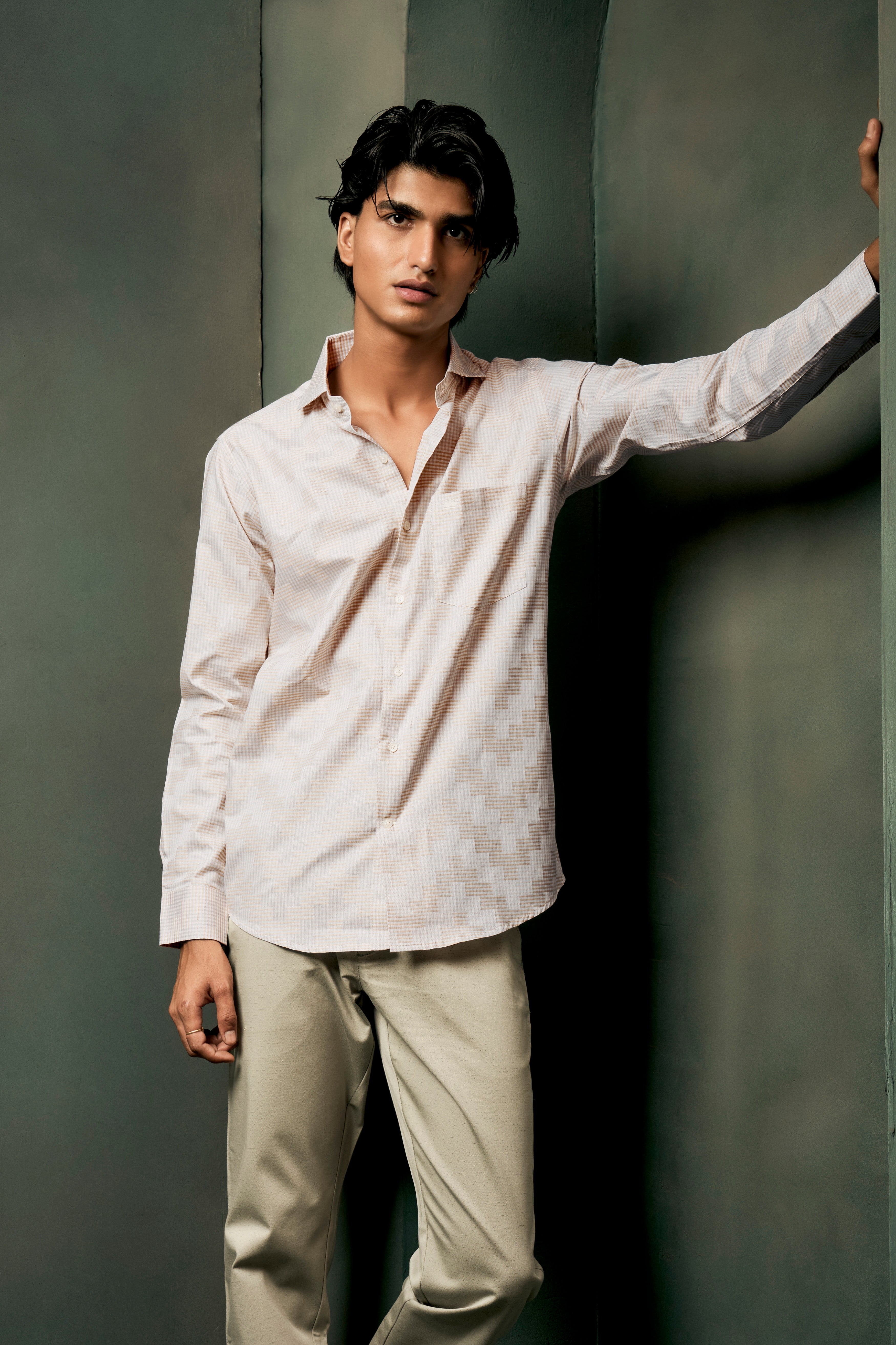 Givry Cream Jacquard Textured Premium Cotton Shirt